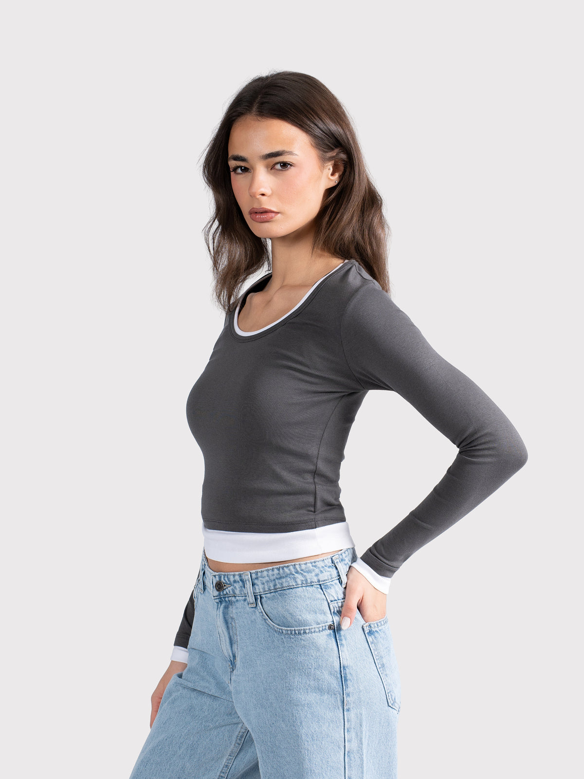 TWO TONE LONG SLEEVE TEE DARK GRAY
