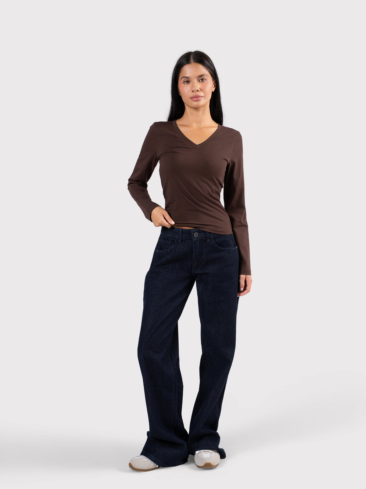 V-NECK LONG SLEEVE TOP BROWN