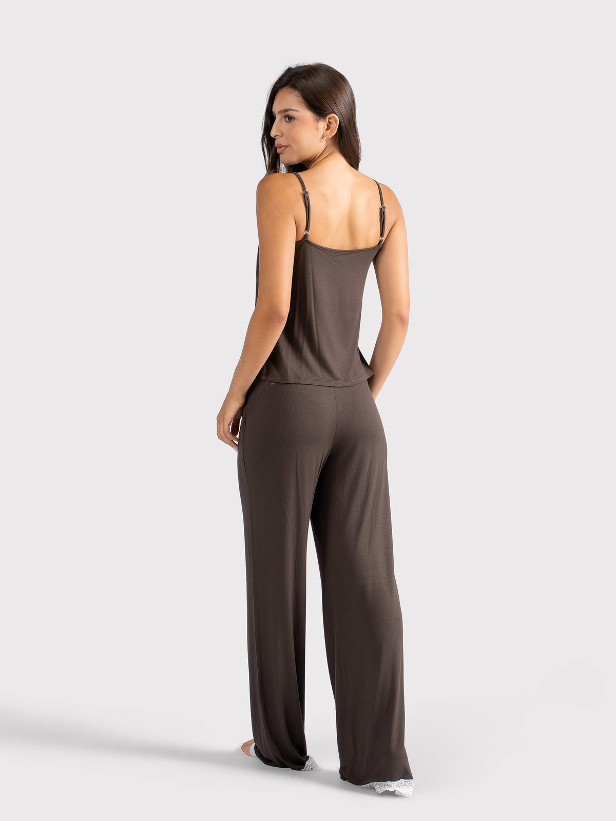 WHITE LACE TRIM CAMI PANTS SET BROWN