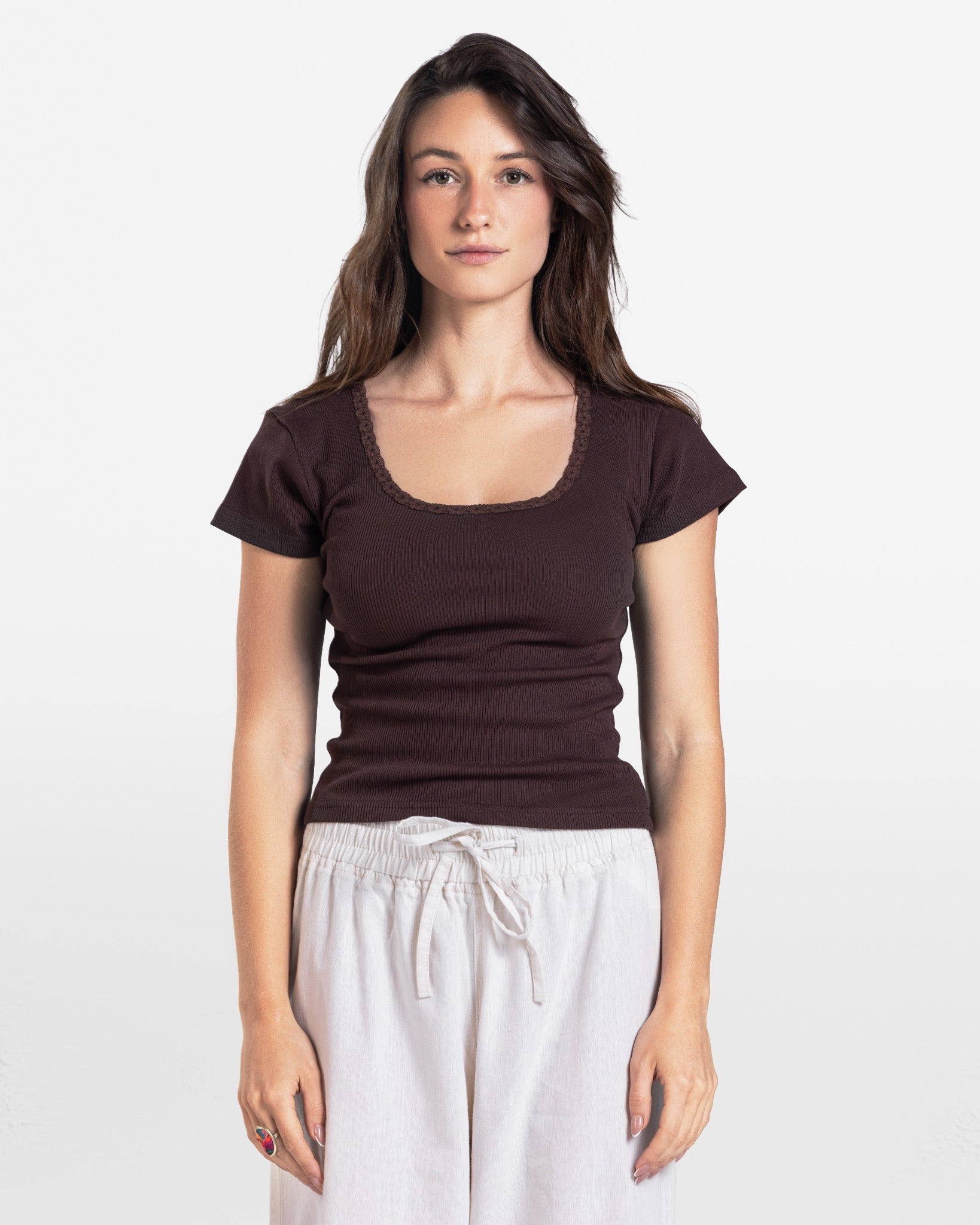 LACE RIBBED SHORT SLEEVE TOP