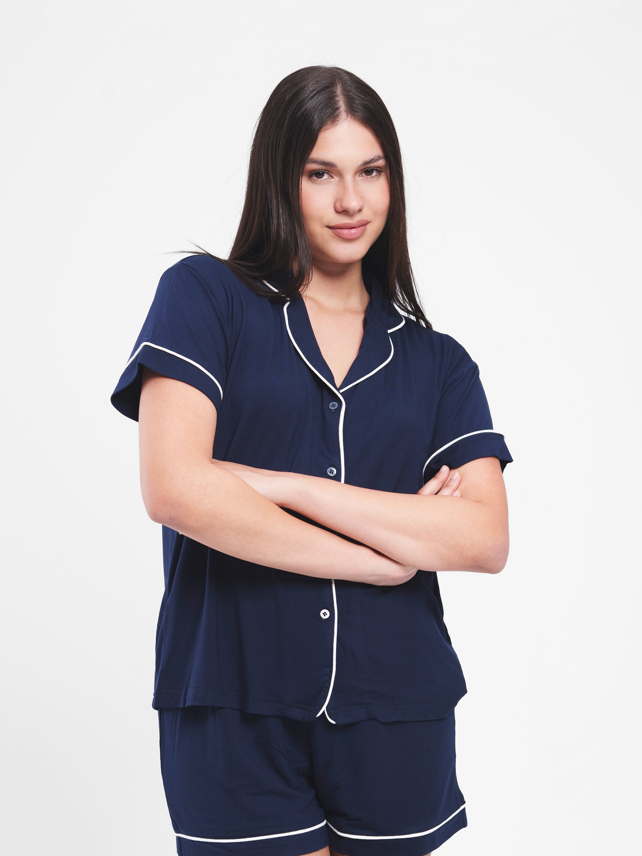 NAVY COTTON BUTTON UP PIPED SET