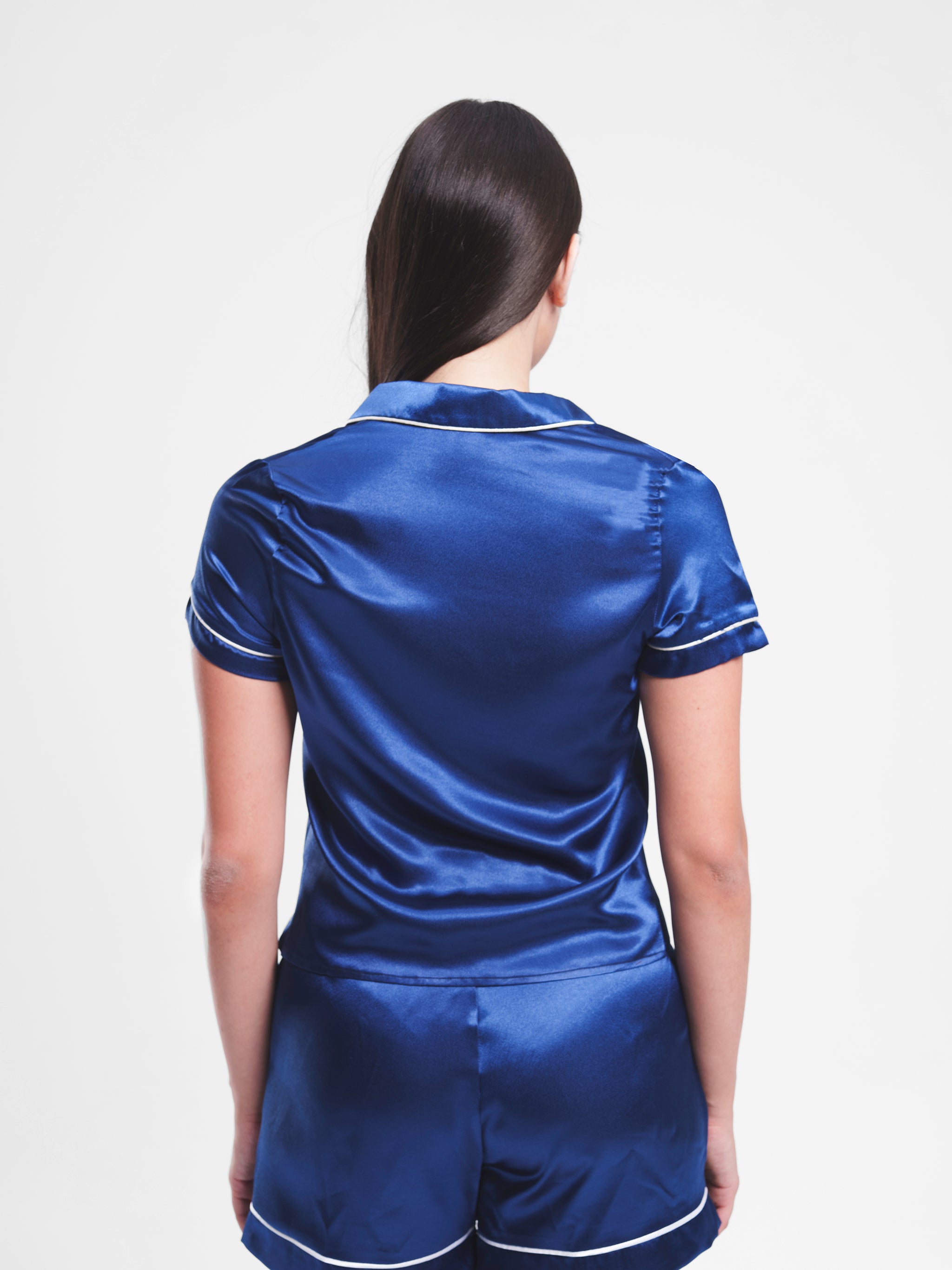 NAVY SATIN BUTTON UP PIPED SET