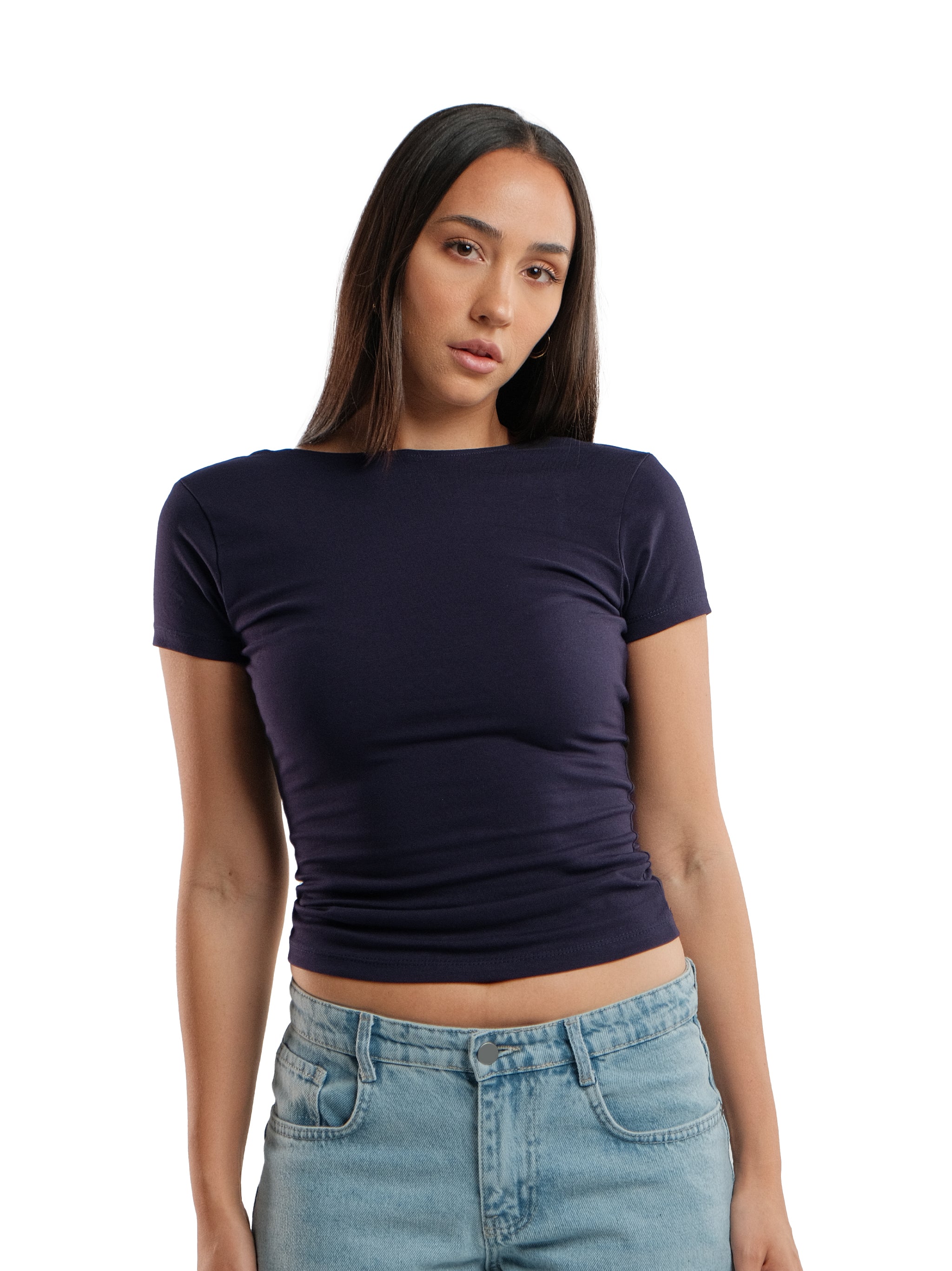 NAVY OPEN BACK SHORT SLEEVE TOP