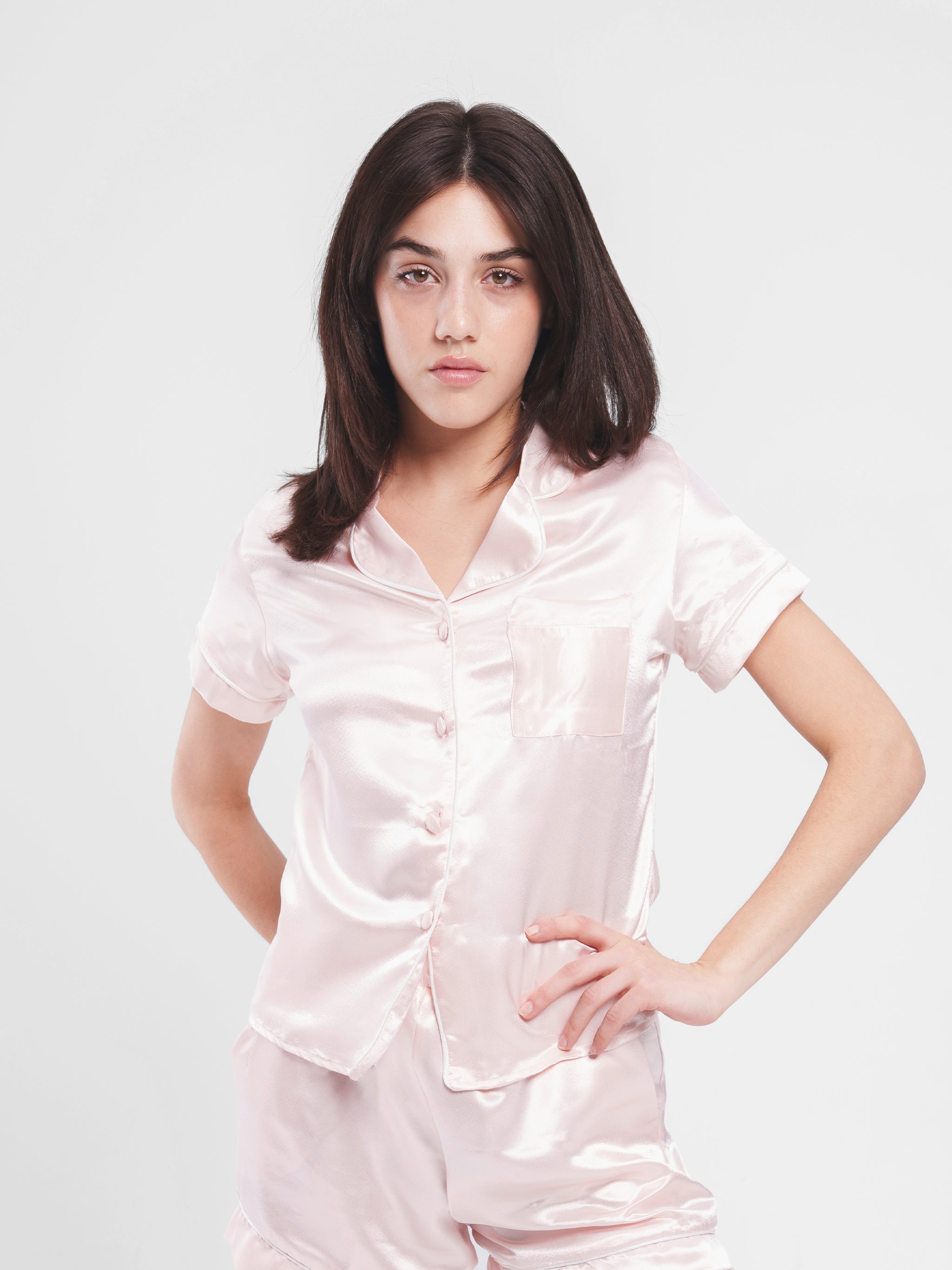 BABY PINK SATIN BUTTON UP PIPED SET