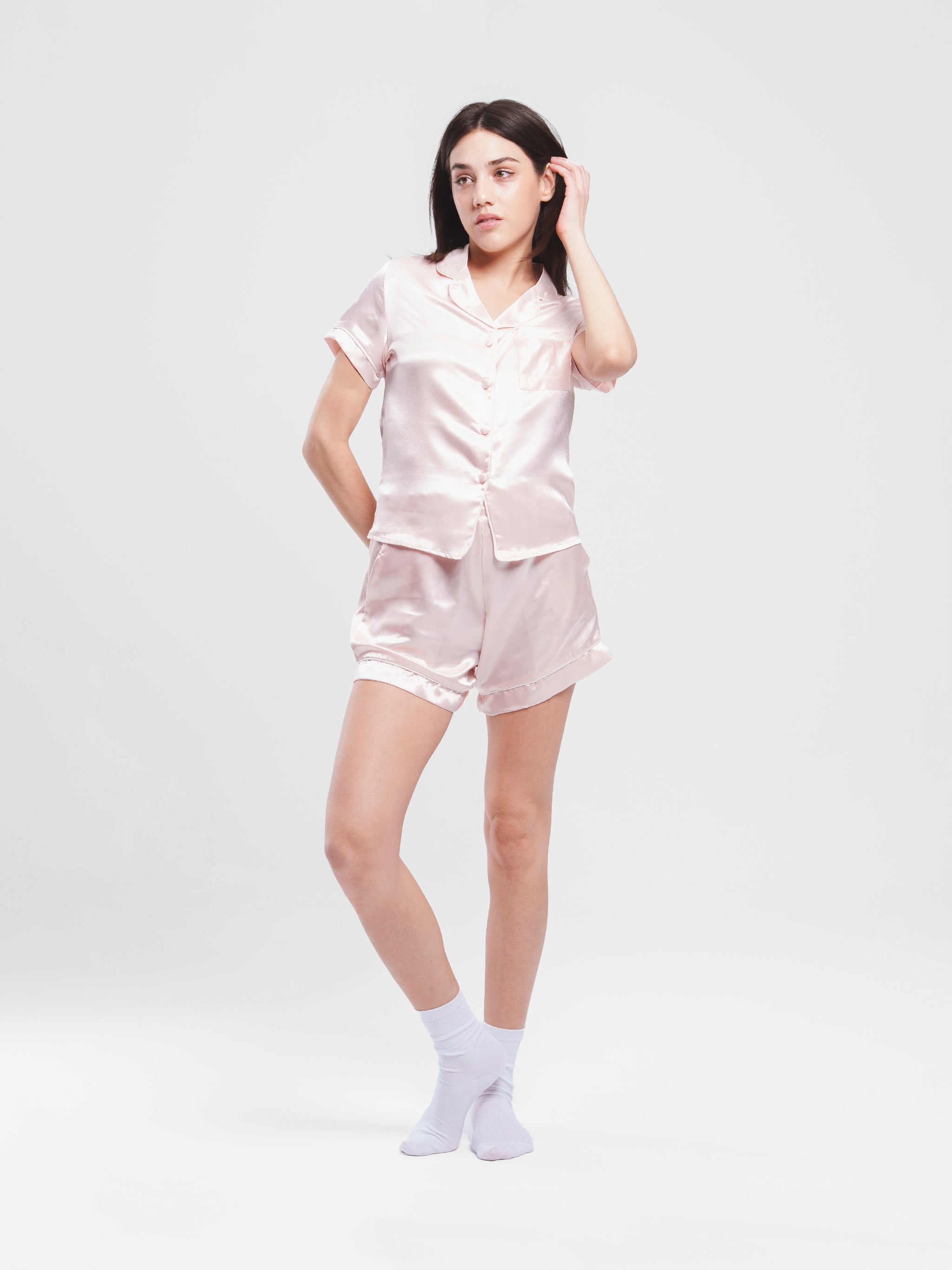 BABY PINK SATIN BUTTON UP PIPED SET