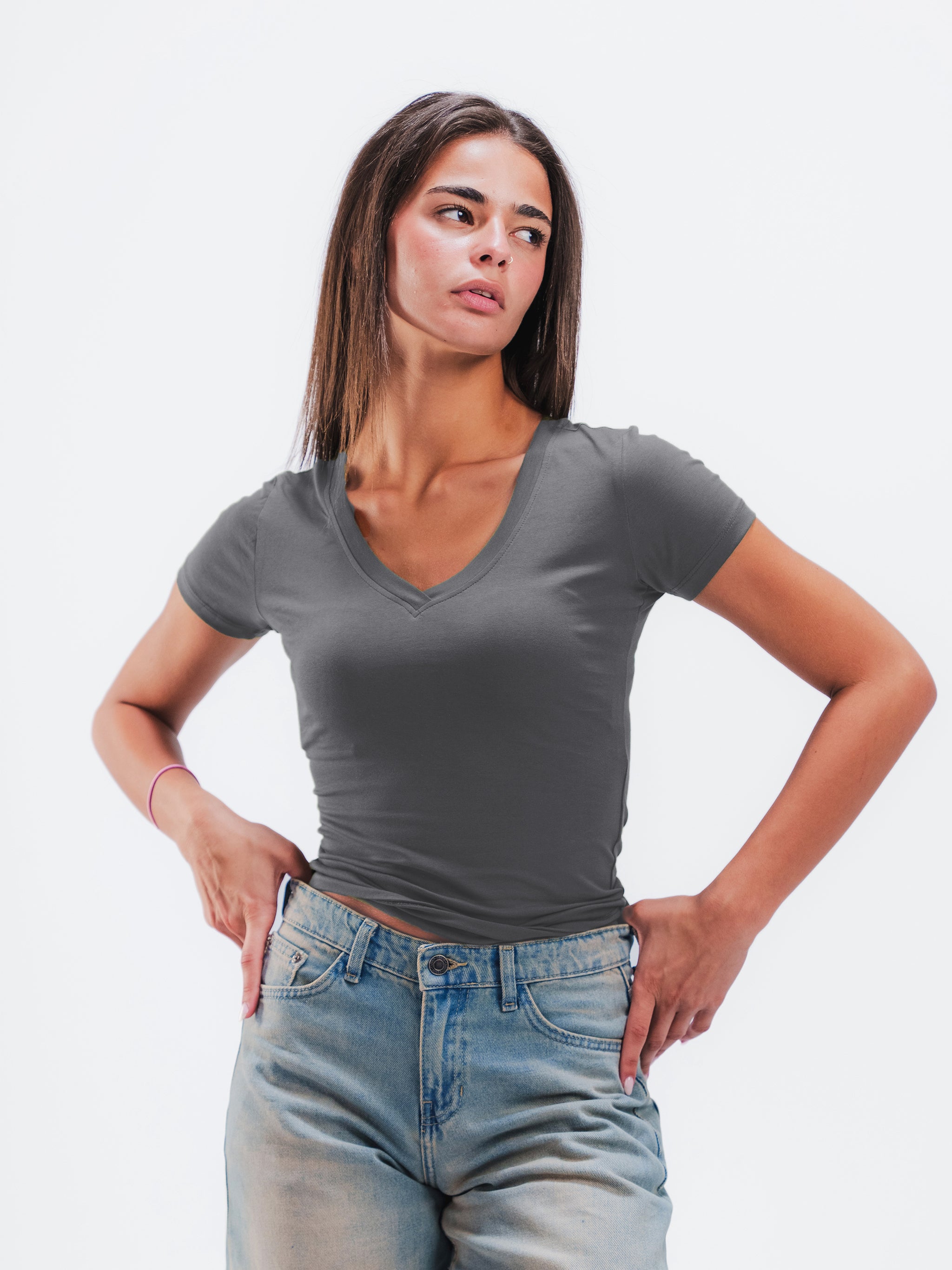 DARK GREY V-NECK SHORT SLEEVE TOP