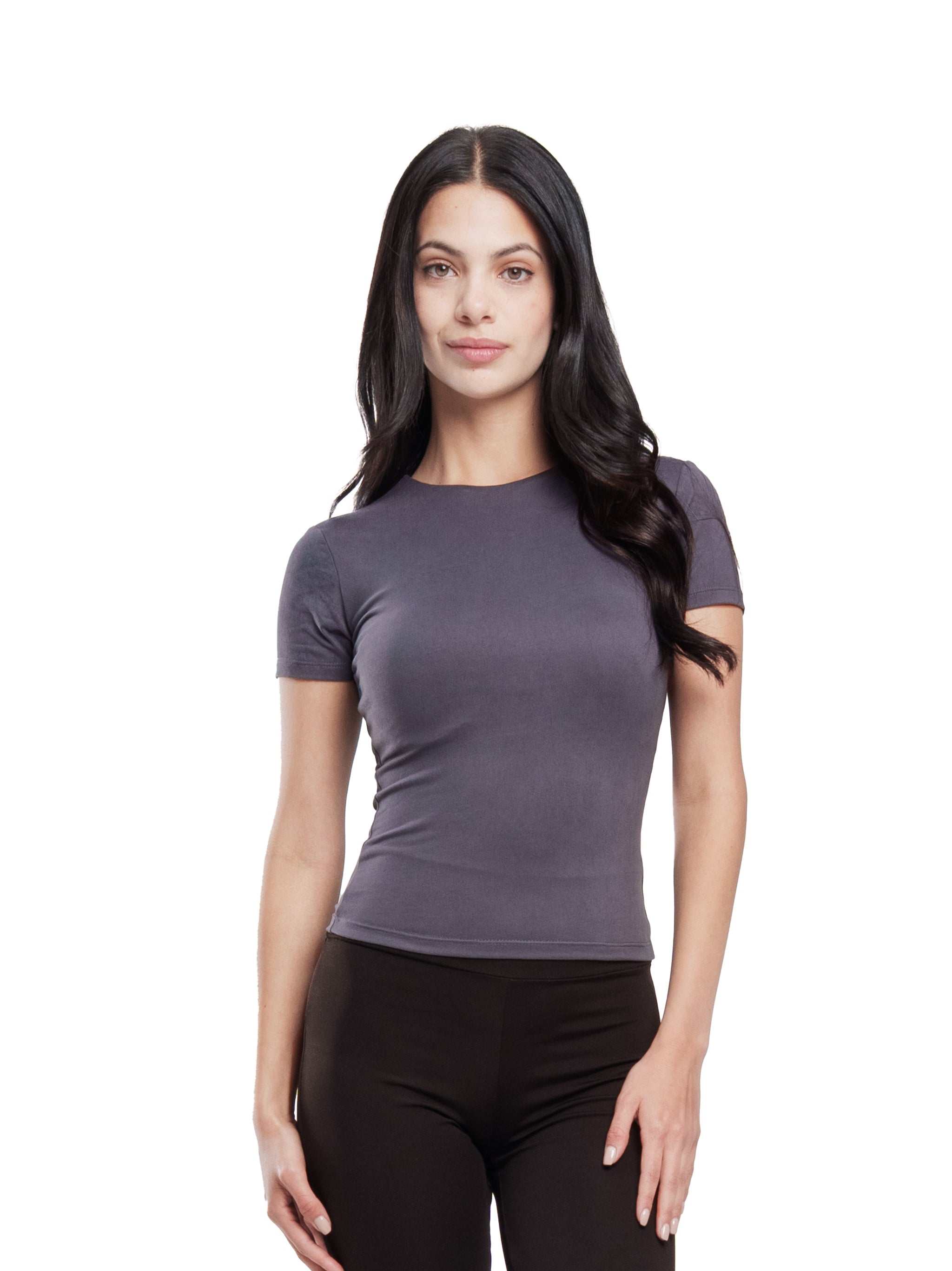 CHARCOAL MICROFIBER BASIC SHORT SLEEVE TOP