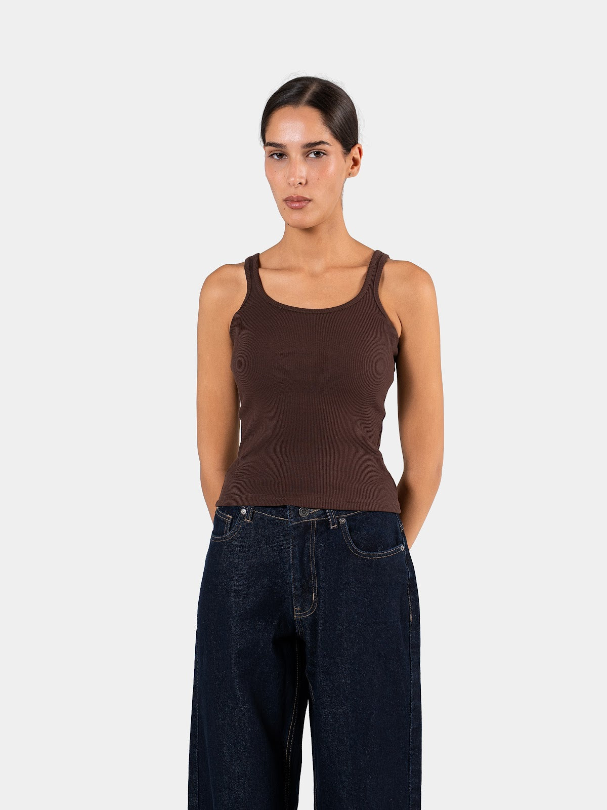 RIBBED SPAGHETTI STRAP BROWN 1