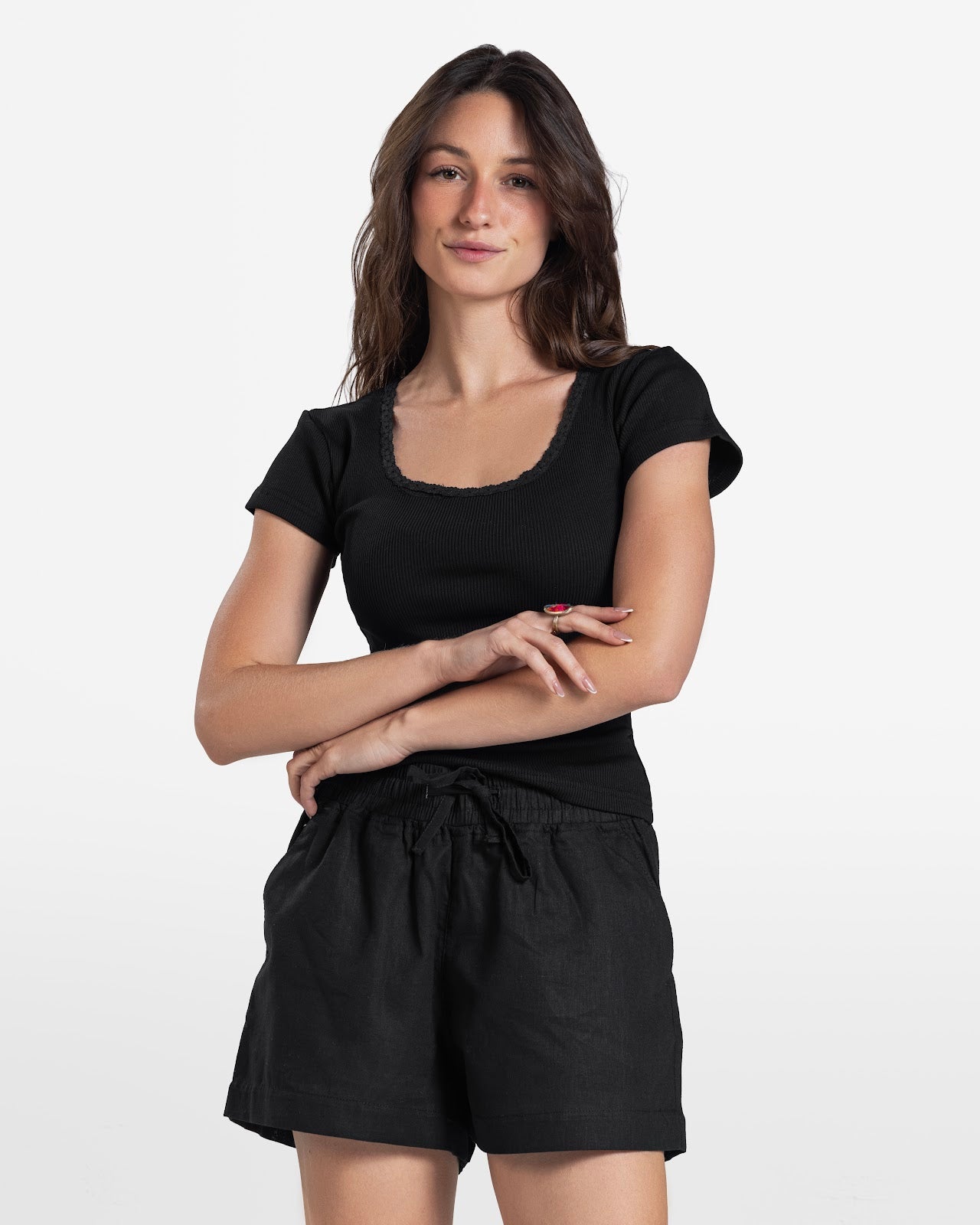 LACE RIBBED SHORT SLEEVE TOP BLACK 1