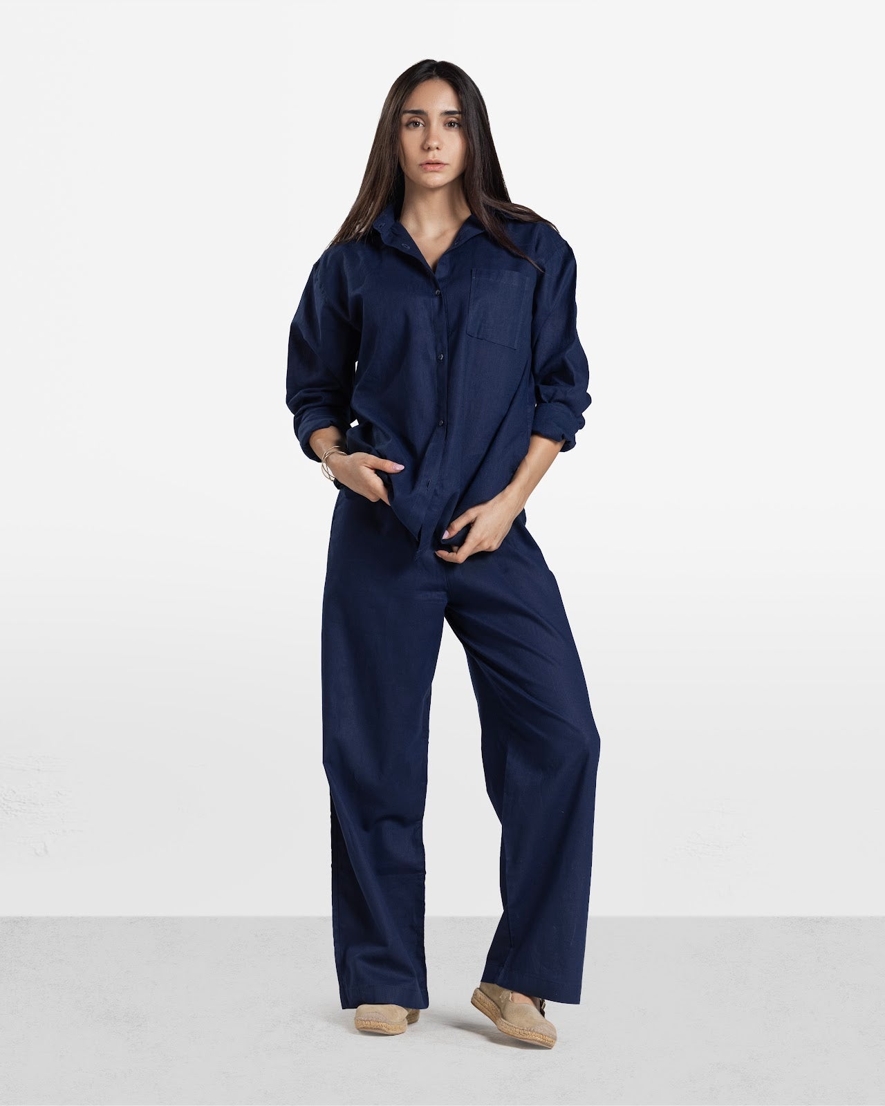 WIDE LEG LINEN PANTS NAVY 1