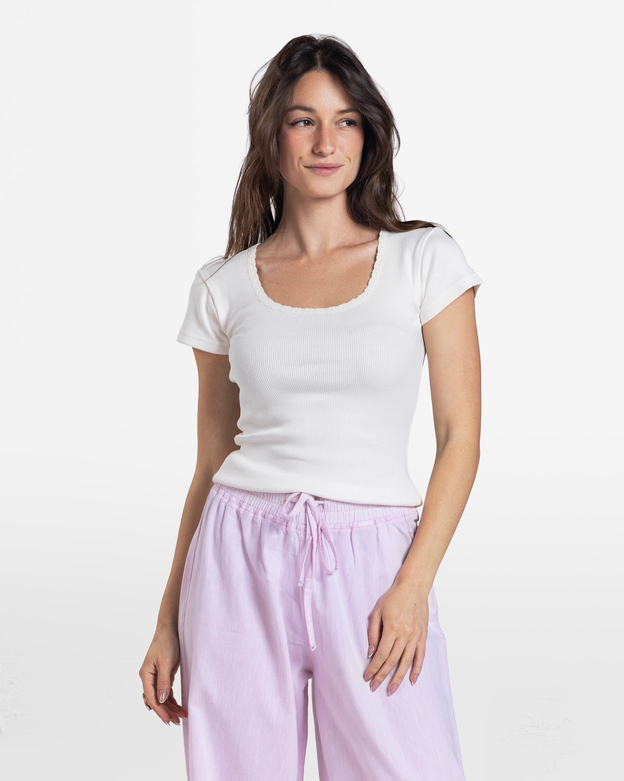 LACE RIBBED SHORT SLEEVE TOP OFF-WHITE 3