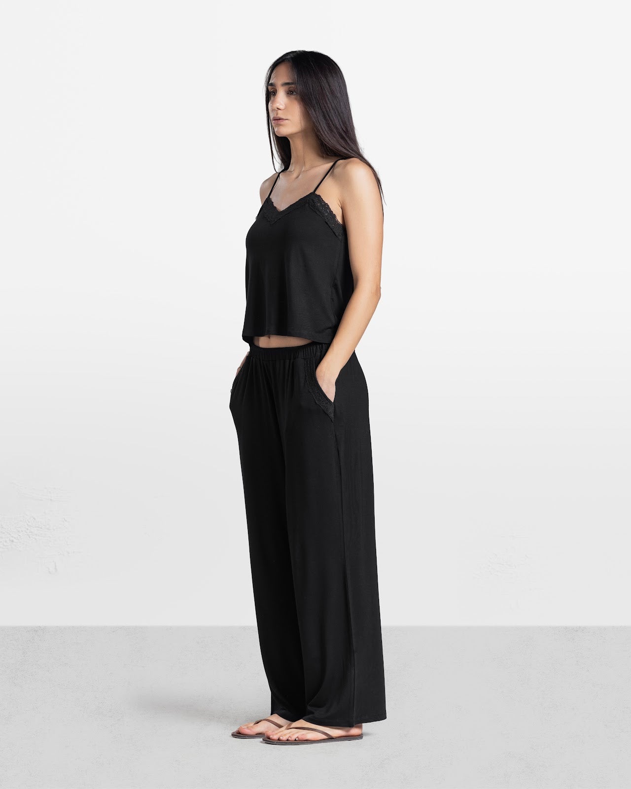 LACE TRIM CAMI PANTS SET BLACK 3