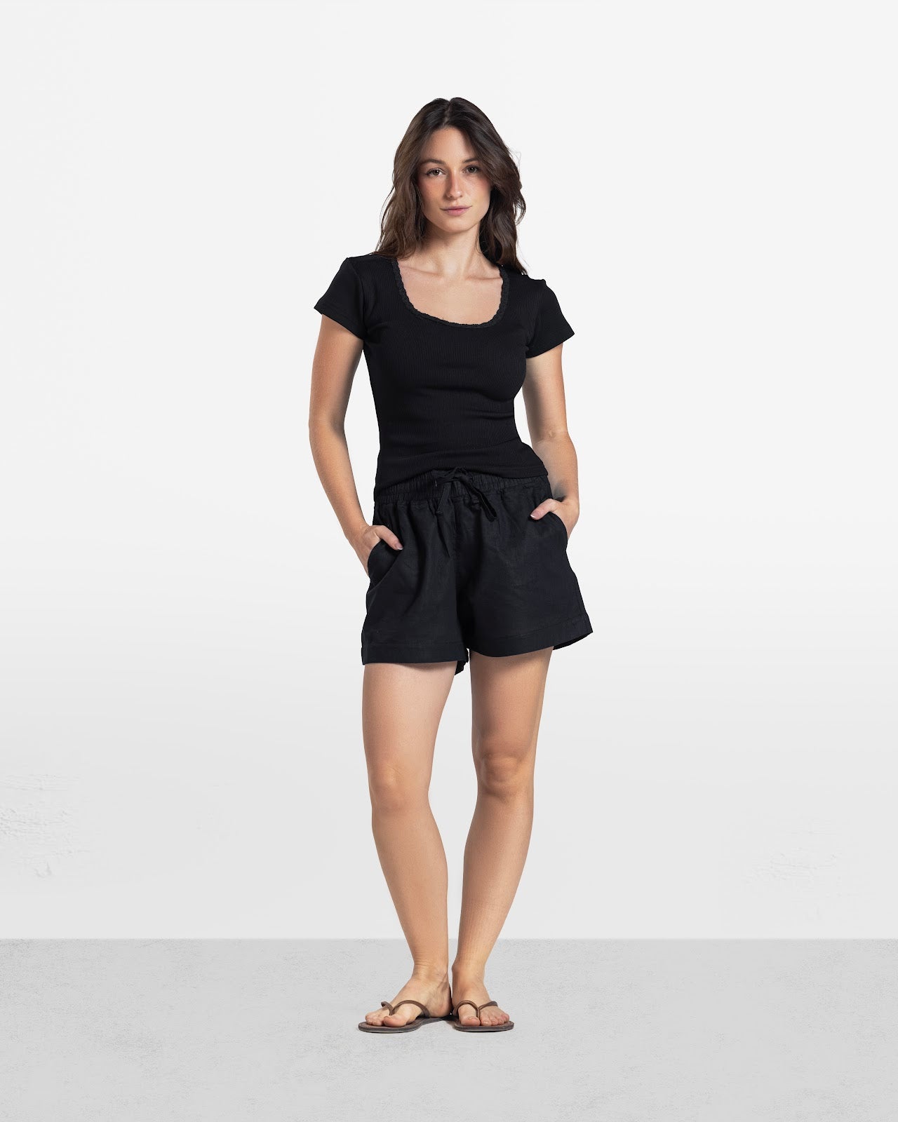 LACE RIBBED SHORT SLEEVE TOP BLACK 6