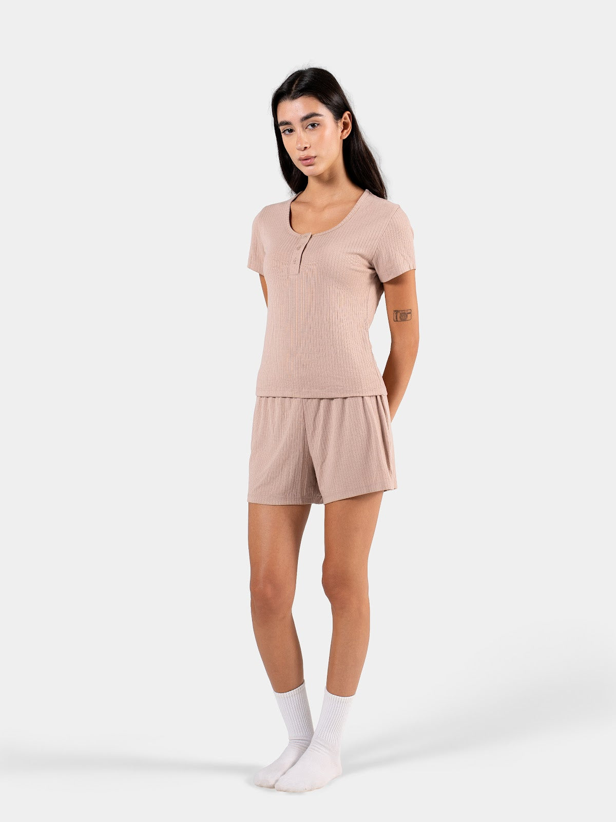 SOFT RIB BUTTON SHORT SET BEIGE 4