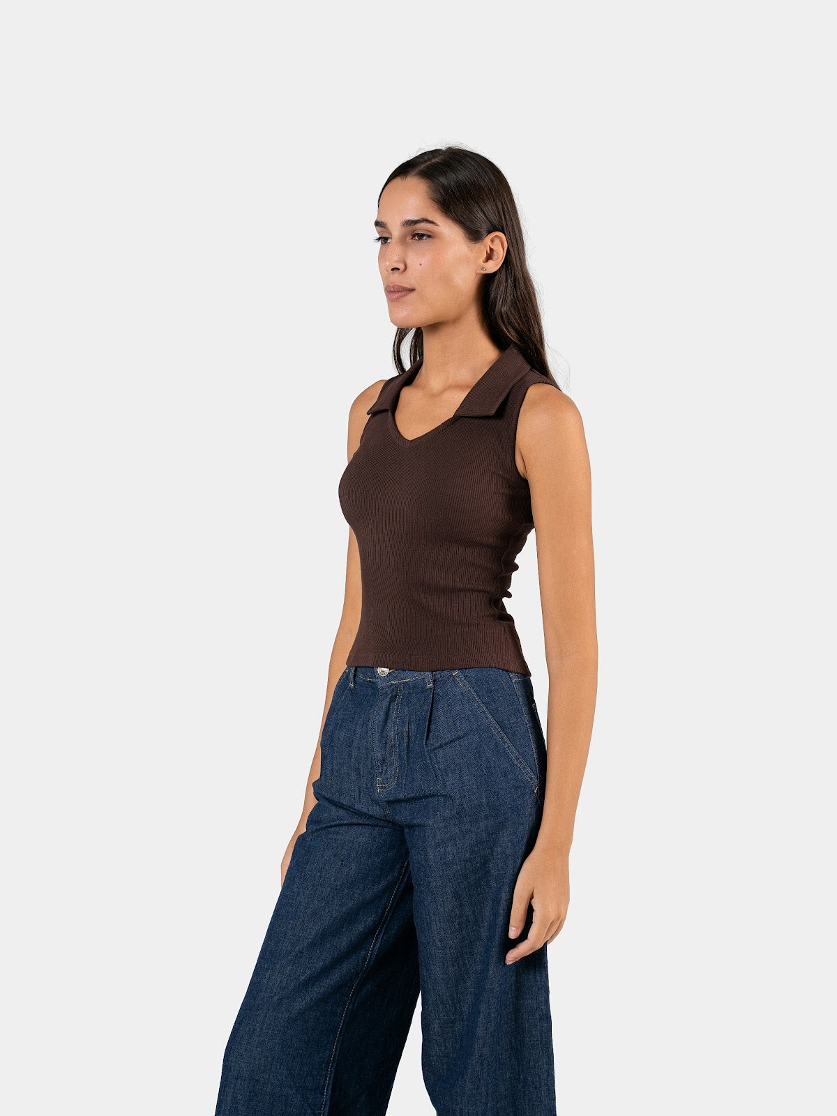 RIBBED COLLARED TANK TOP BROWN 3
