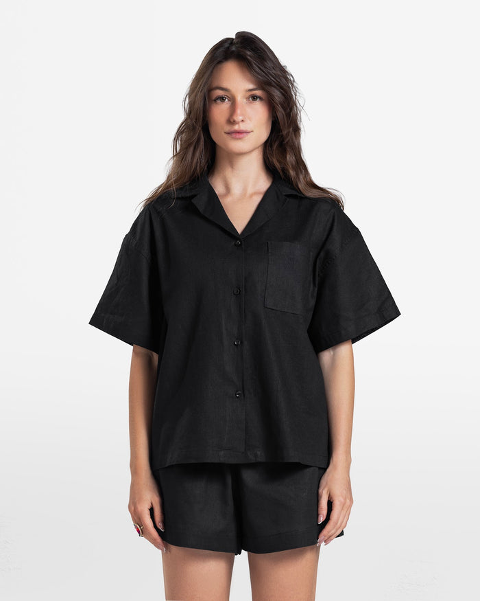 SHORT SLEEVE LINEN SHIRT BLACK 1