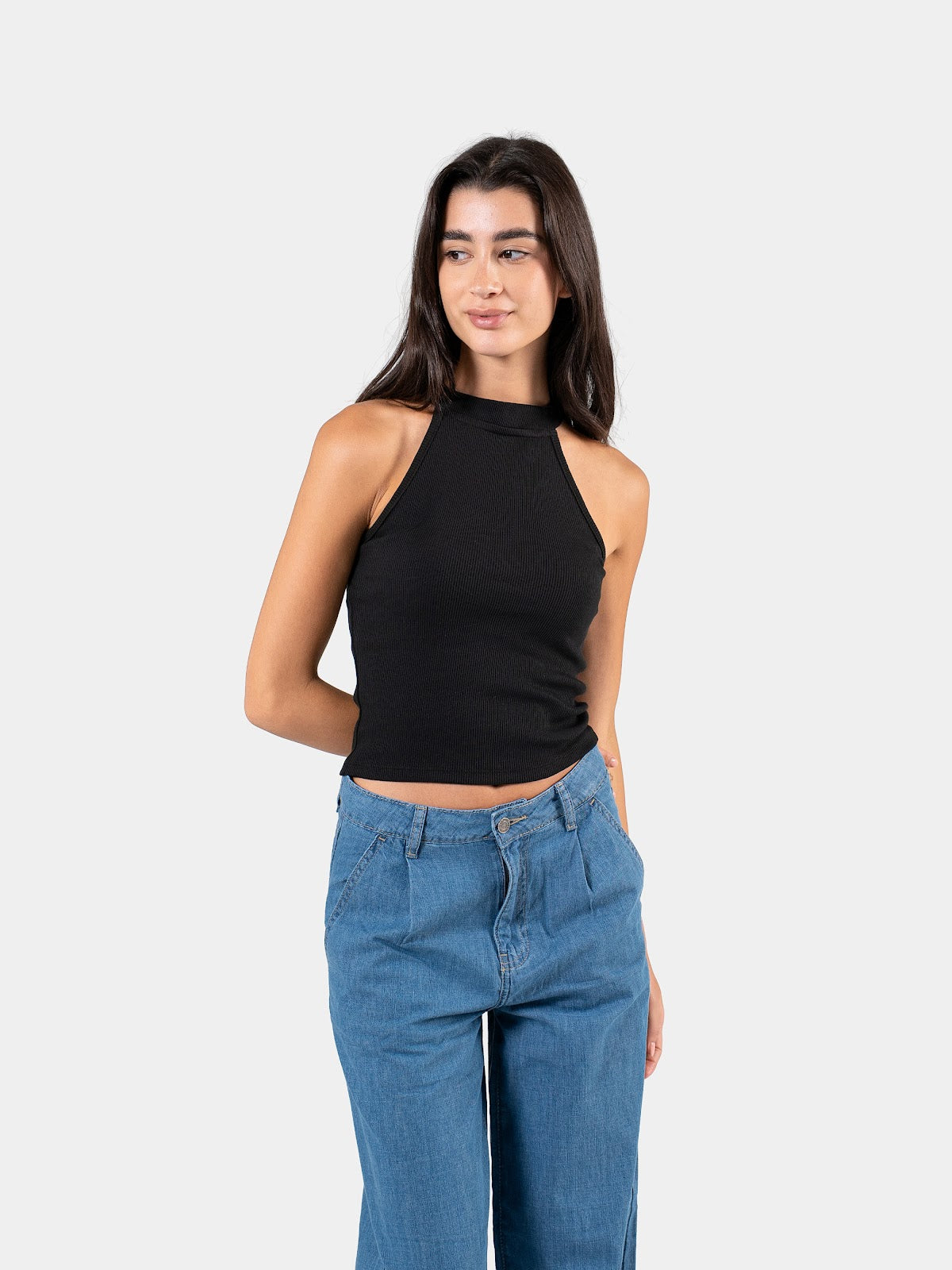 RIBBED HALTER TOP BLACK 2