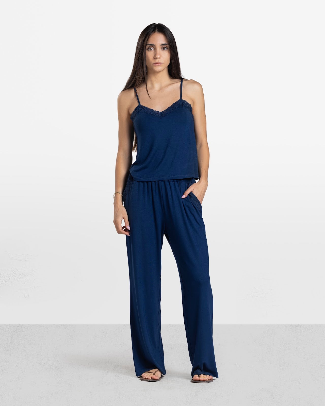 LACE TRIM CAMI PANTS SET NAVY 1