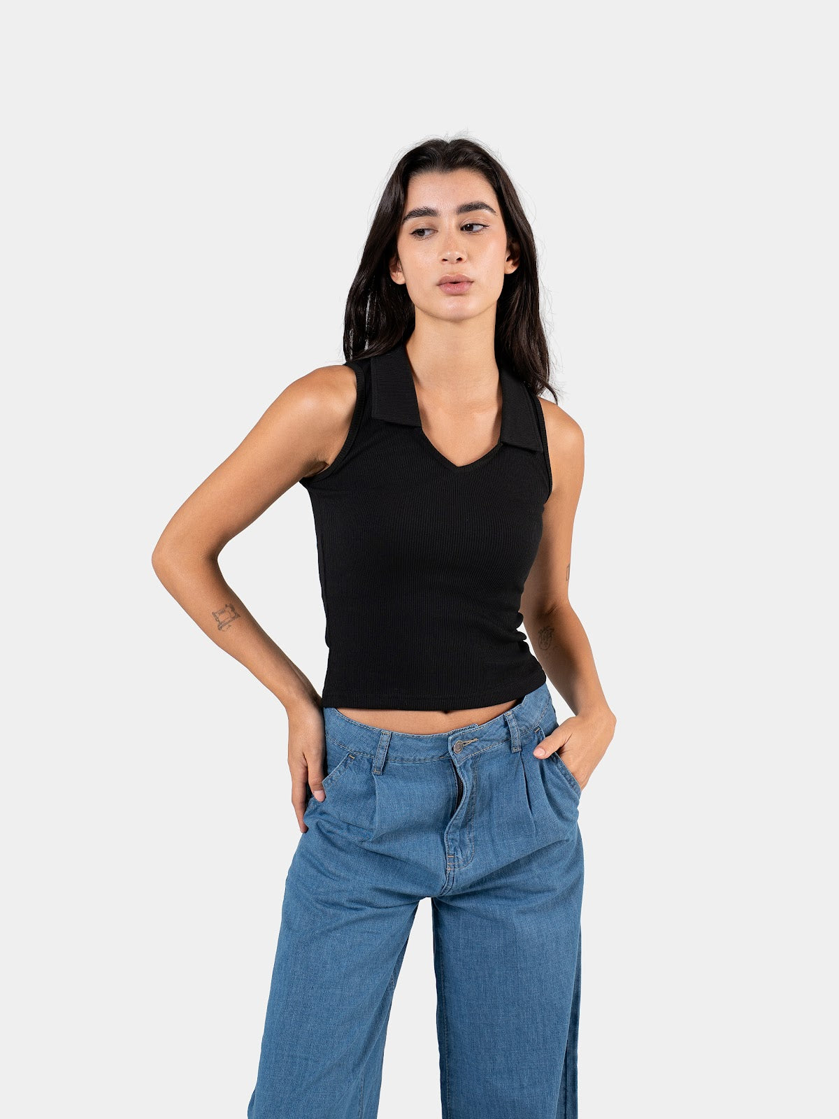 RIBBED COLLARED TANK TOP BLACK 1