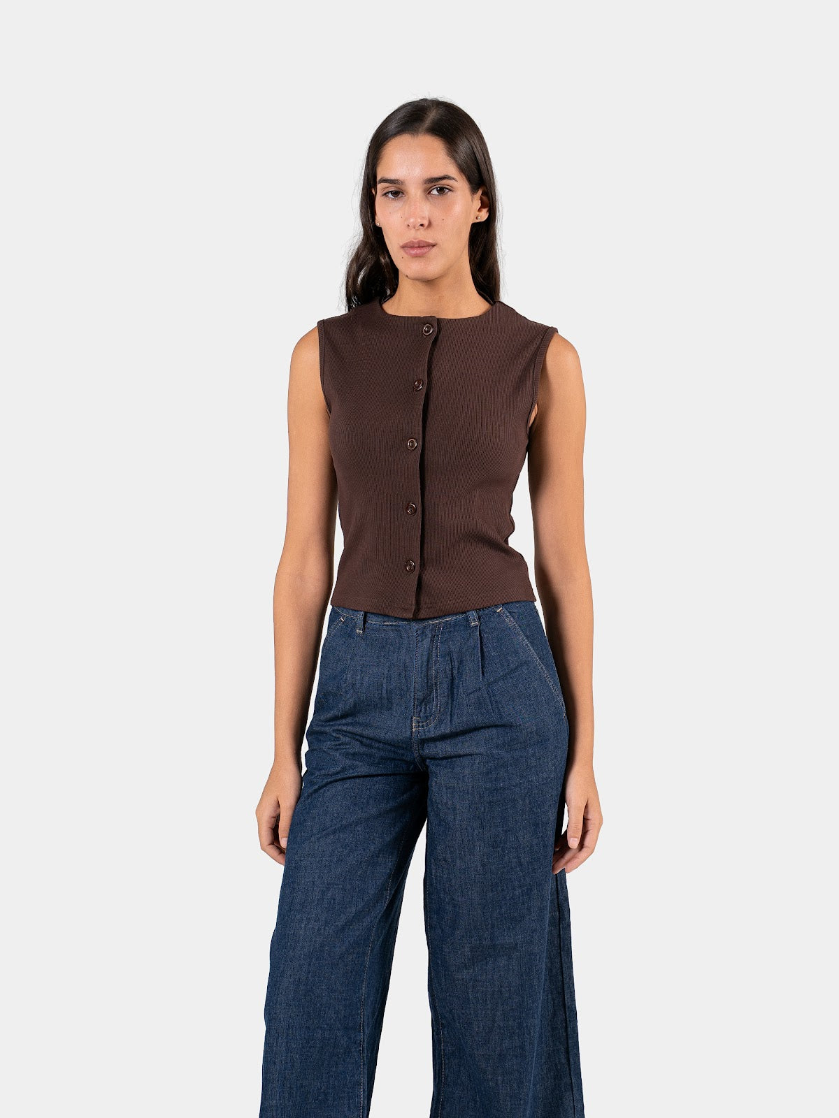 RIBBED BUTTON TANK BROWN 1