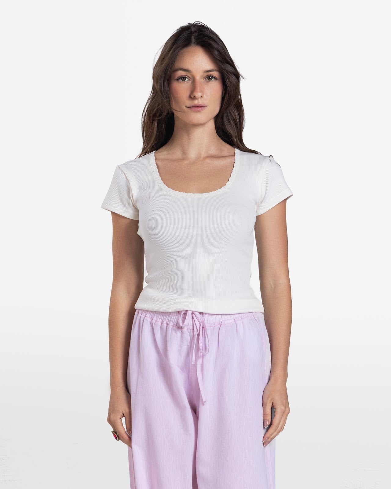 LACE RIBBED SHORT SLEEVE TOP OFF-WHITE 1