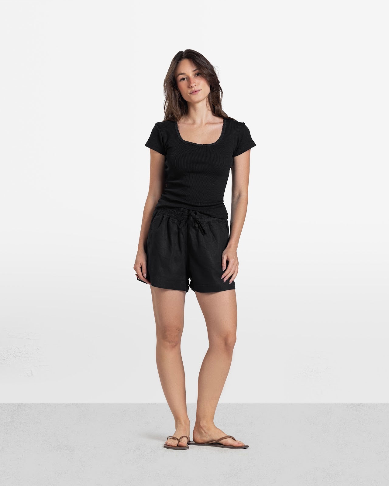LACE RIBBED SHORT SLEEVE TOP BLACK 5