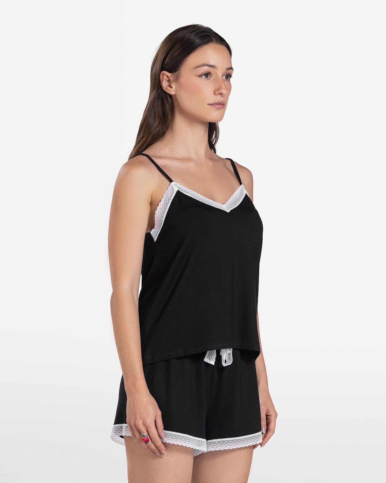LACE TRIM CAMI SHORT SET BLACK 3