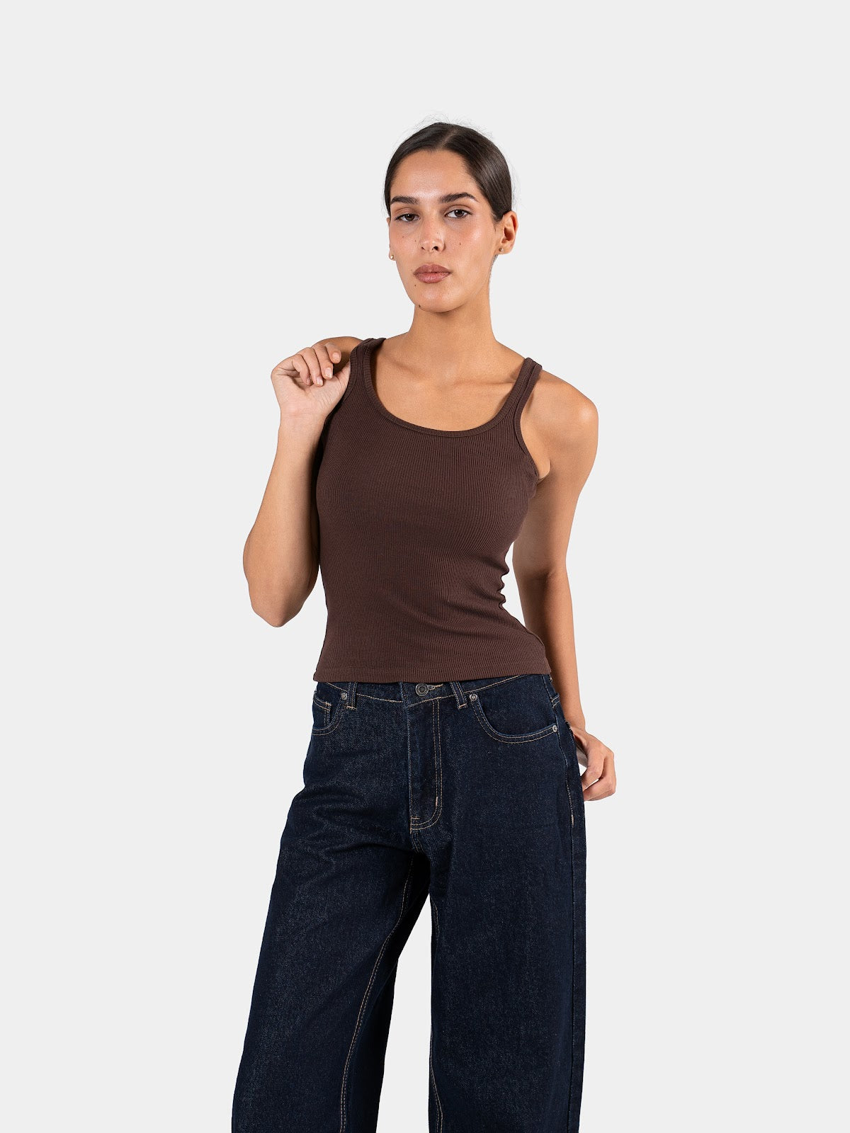 RIBBED SPAGHETTI STRAP BROWN 2
