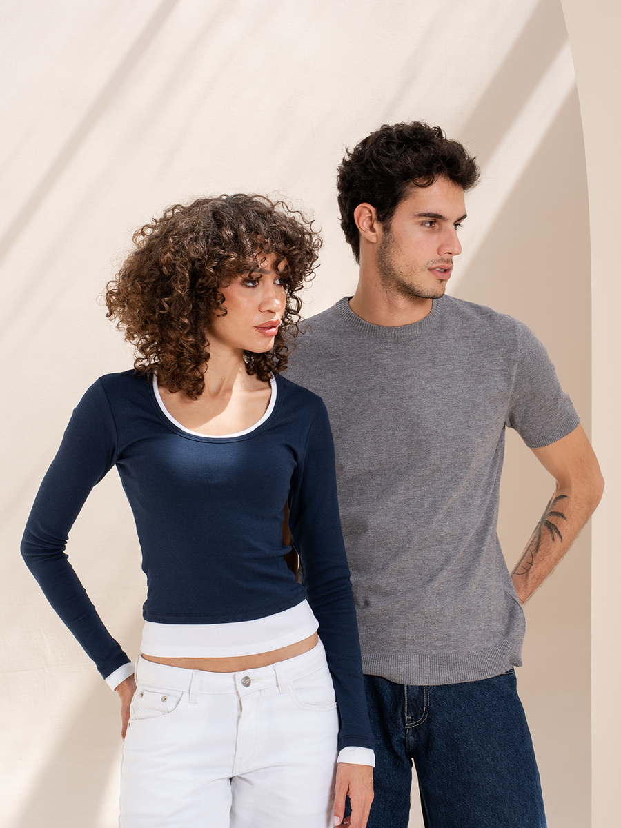 CLOUD contrast-trim long sleeve and knitted tee, worn together
