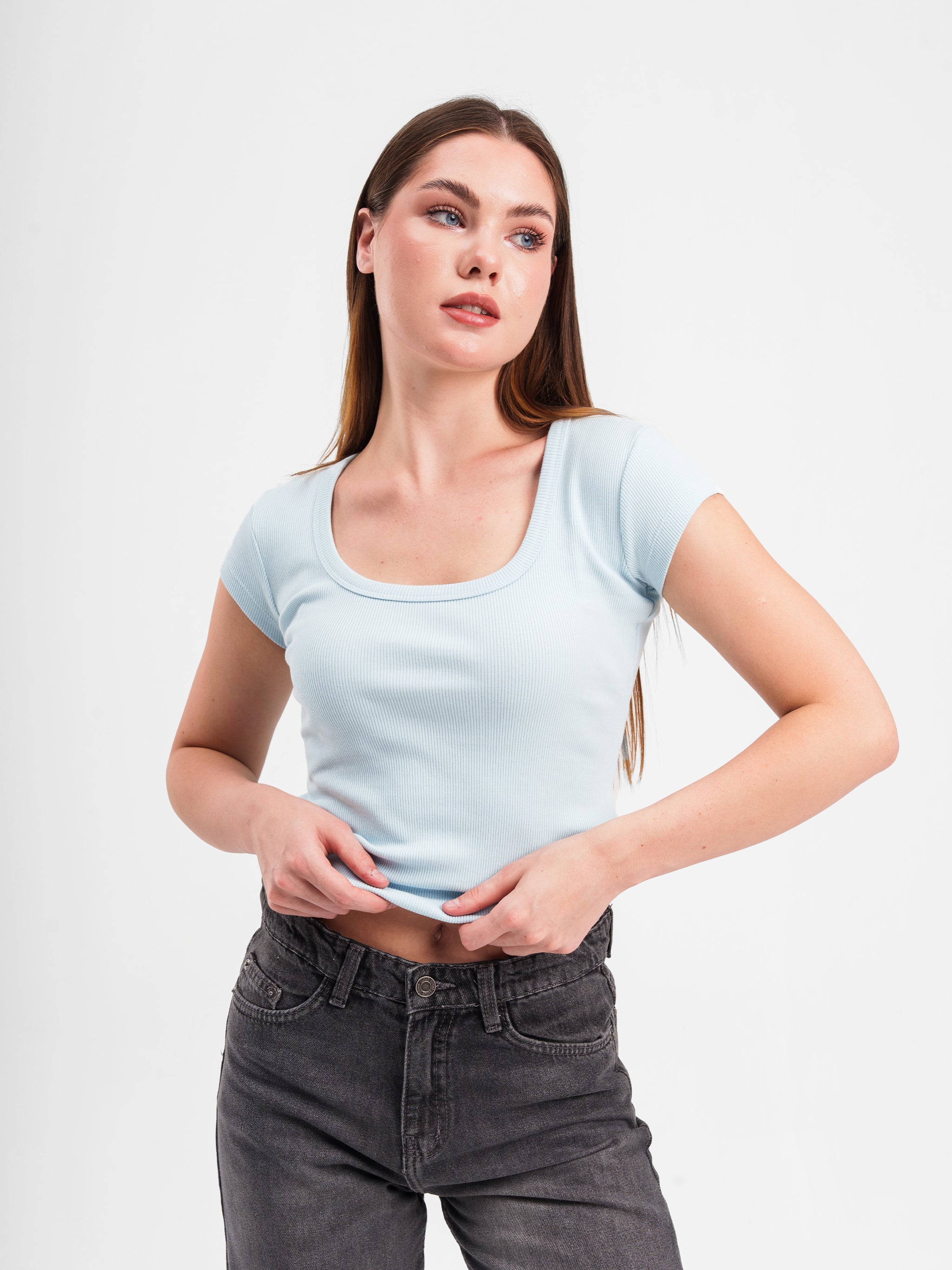 BABY BLUE RIBBED U-SHAPED SHORT SLEEVE TOP