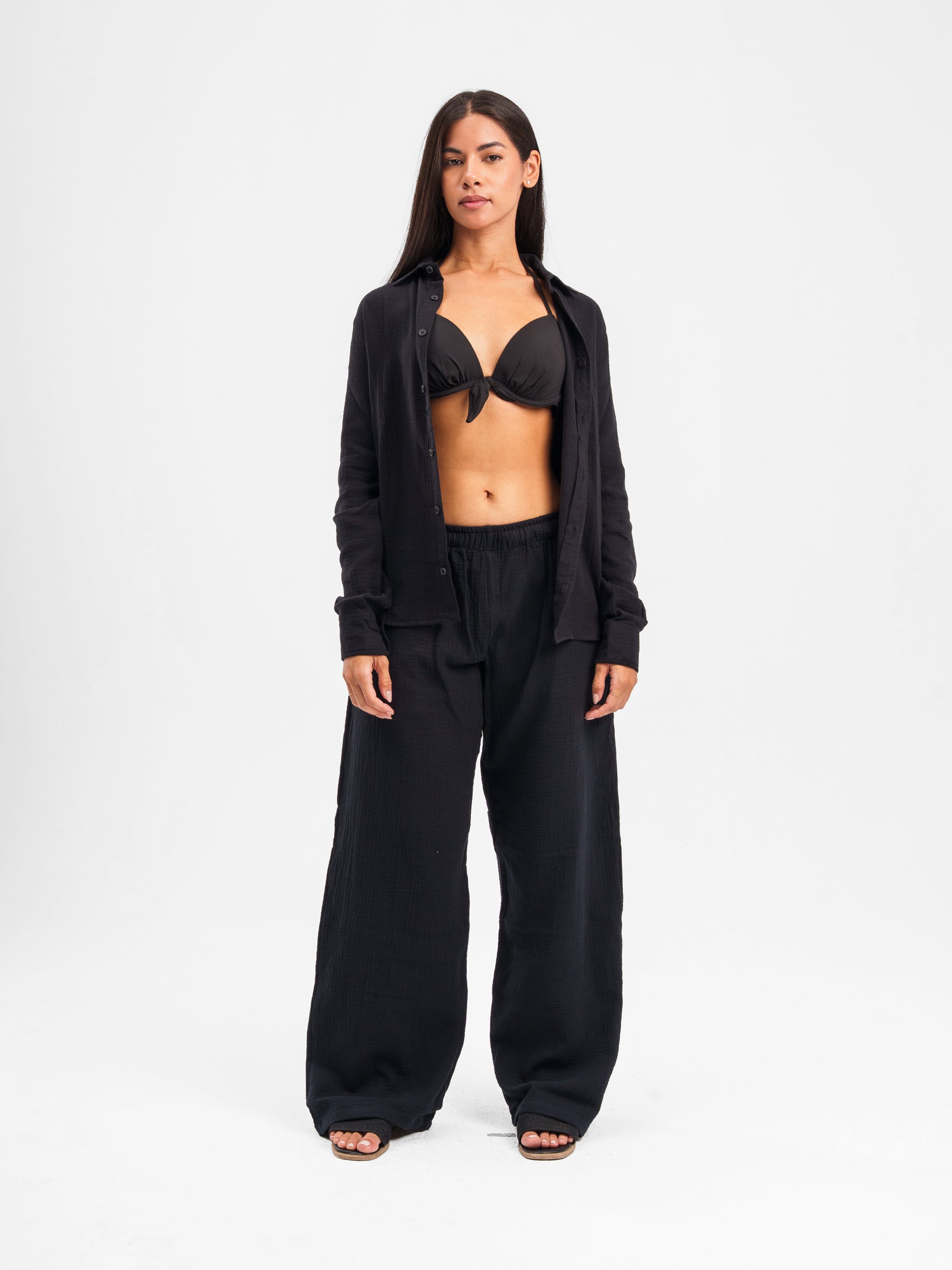 BLACK RIPPLED LINEN PANTS