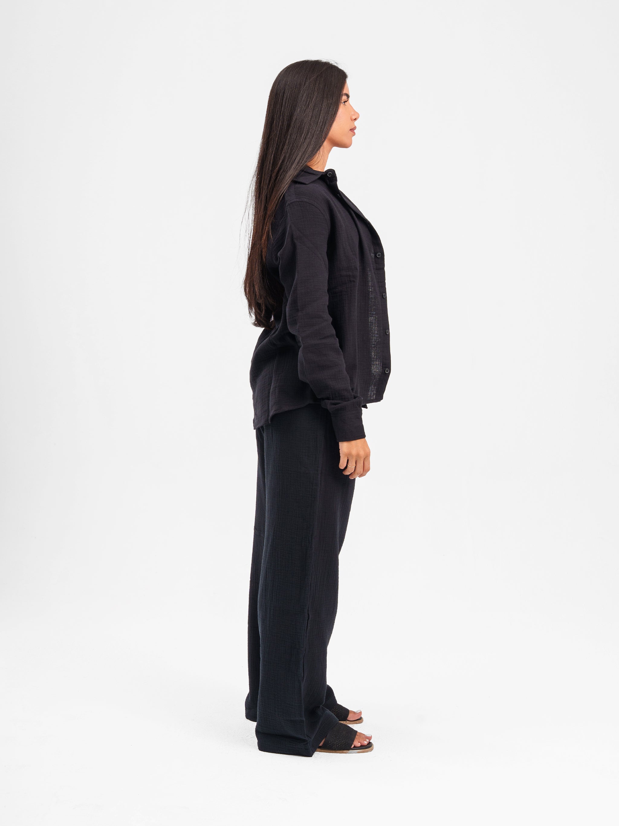 BLACK RIPPLED LINEN PANTS
