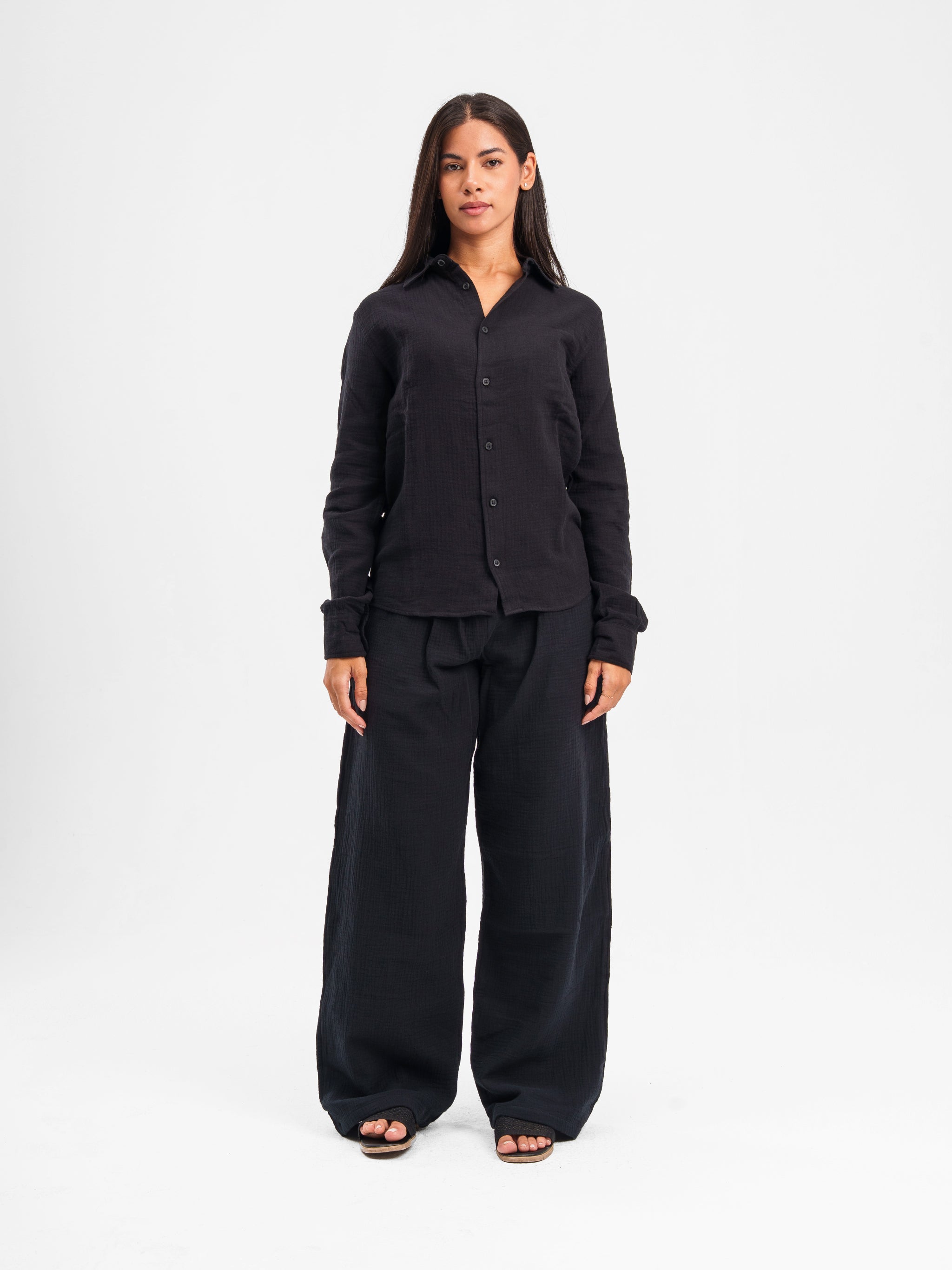 BLACK RIPPLED LINEN SHIRT