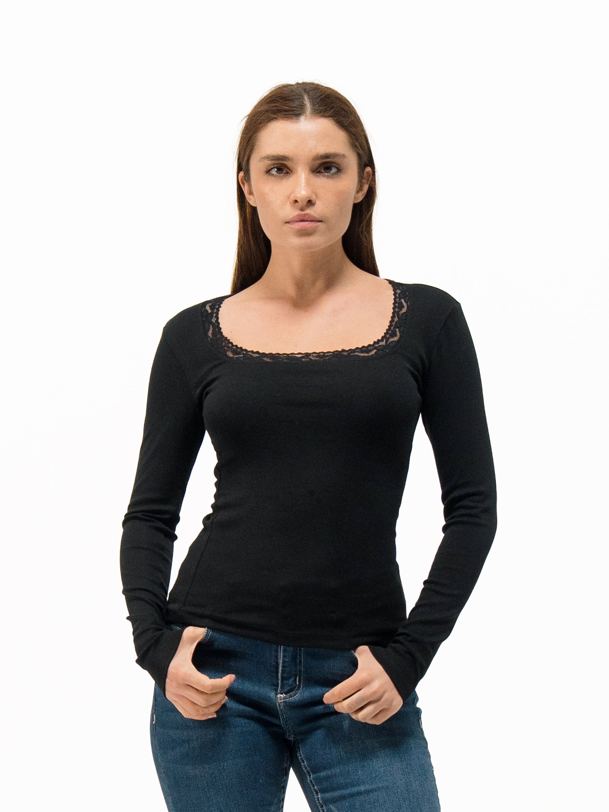 LACE SQUARE NECK LONG SLEEVE TOP