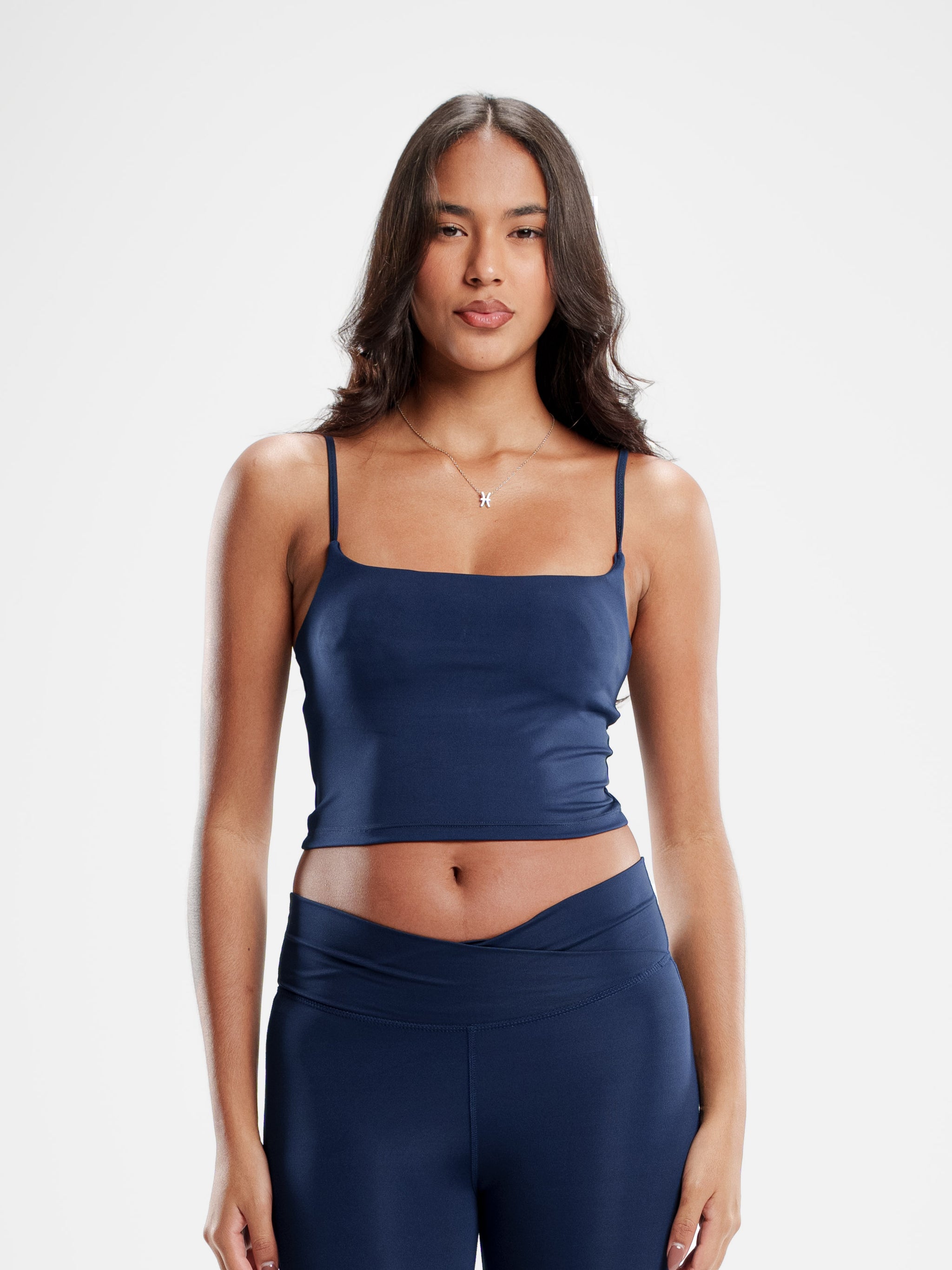 NAVY MOVE CROPPED SPAGHETTI TOP