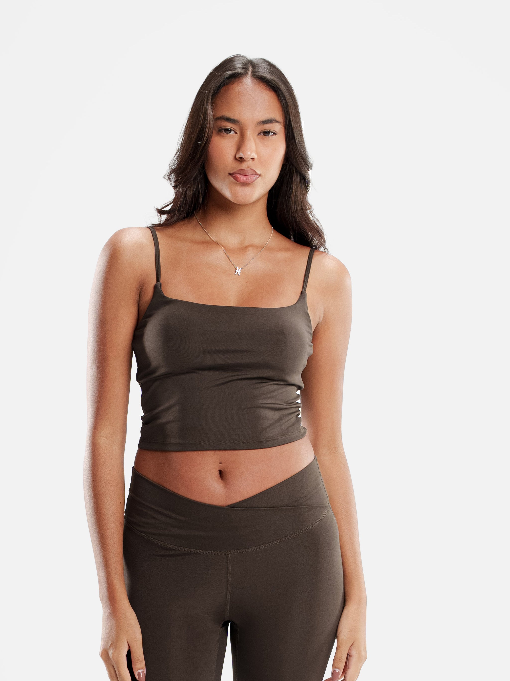 BROWN MOVE CROPPED SPAGHETTI TOP