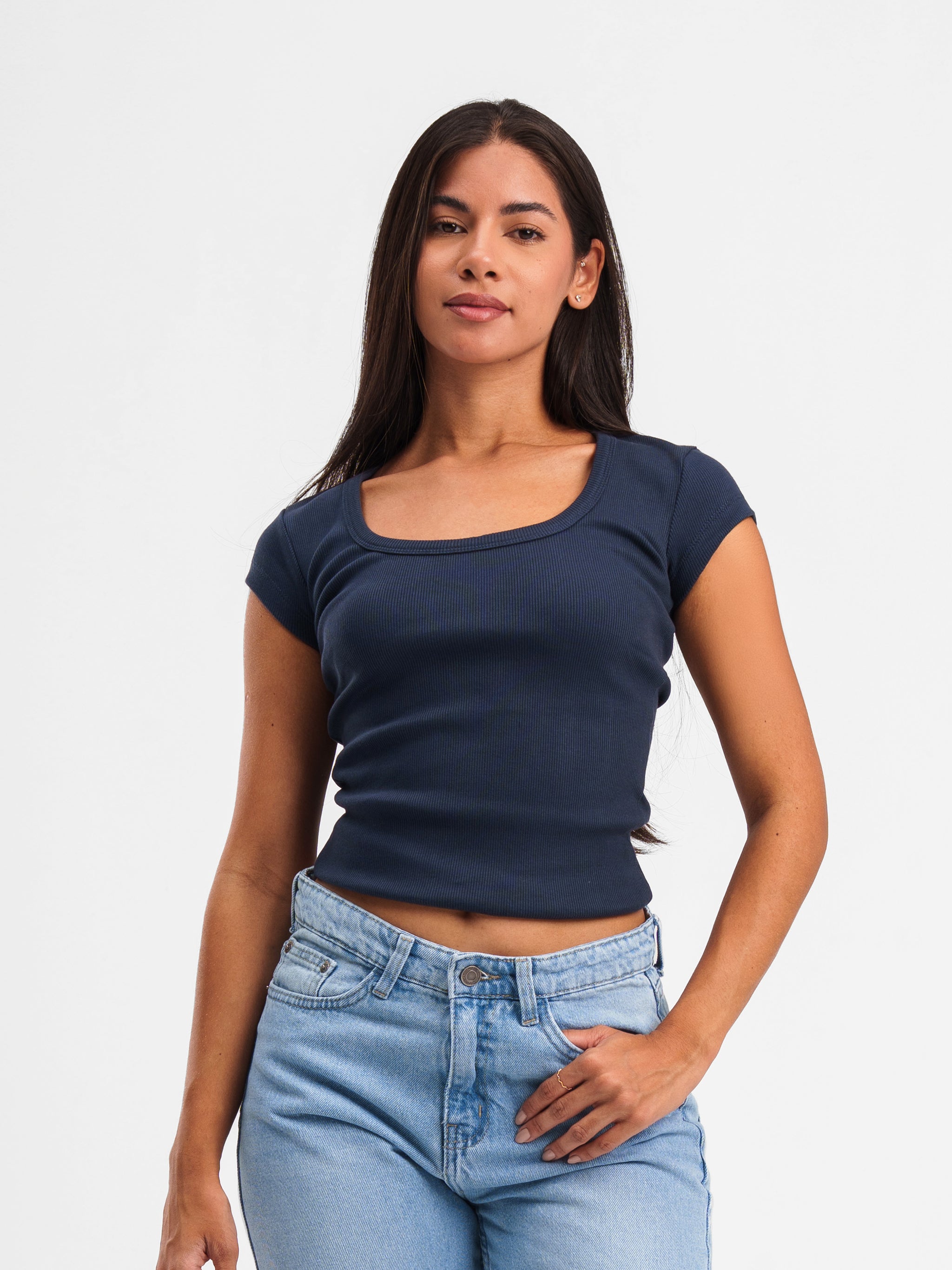 NAVY RIBBED U-SHAPED SHORT SLEEVE TOP
