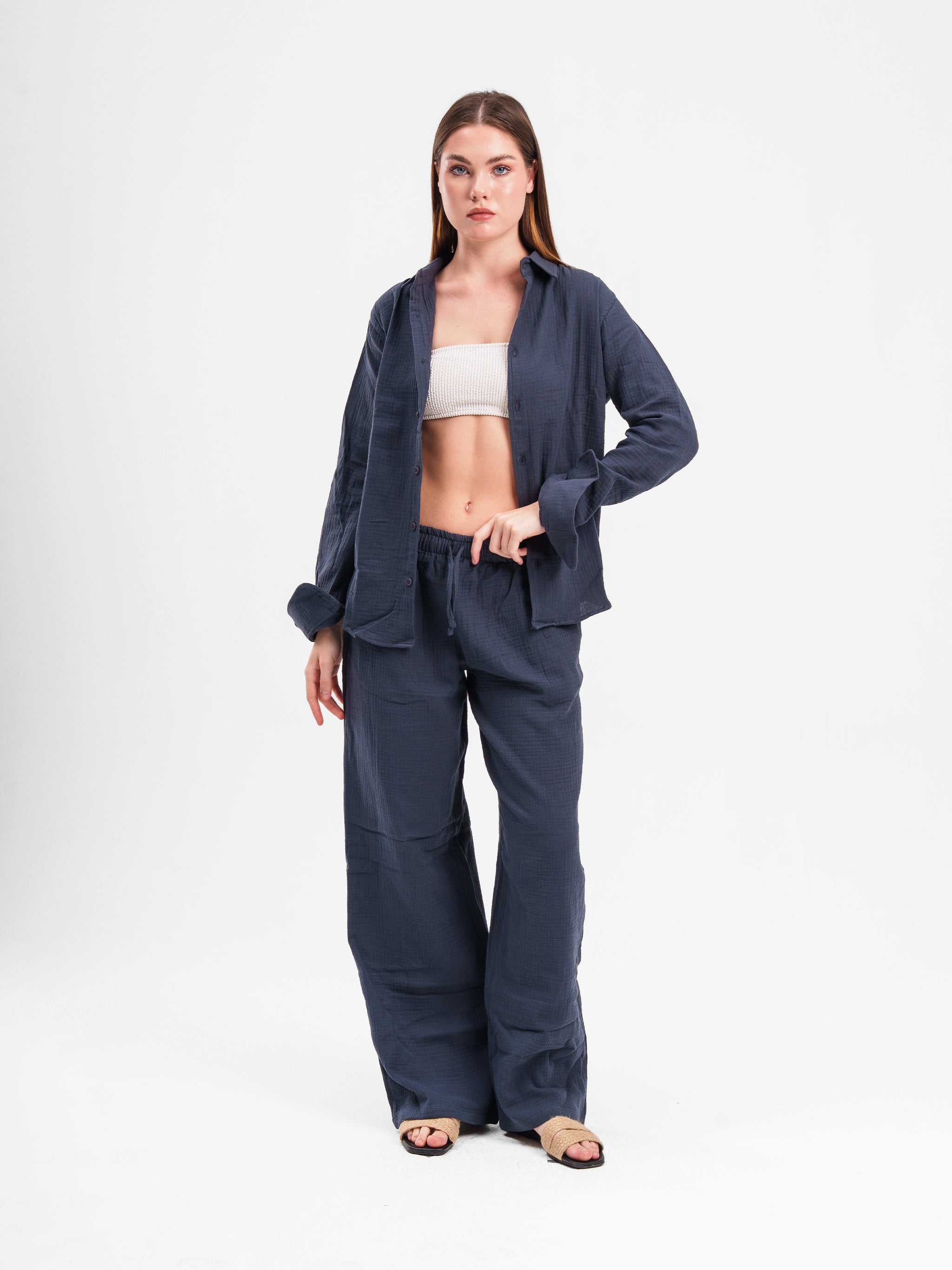 NAVY RIPPLED LINEN SHIRT