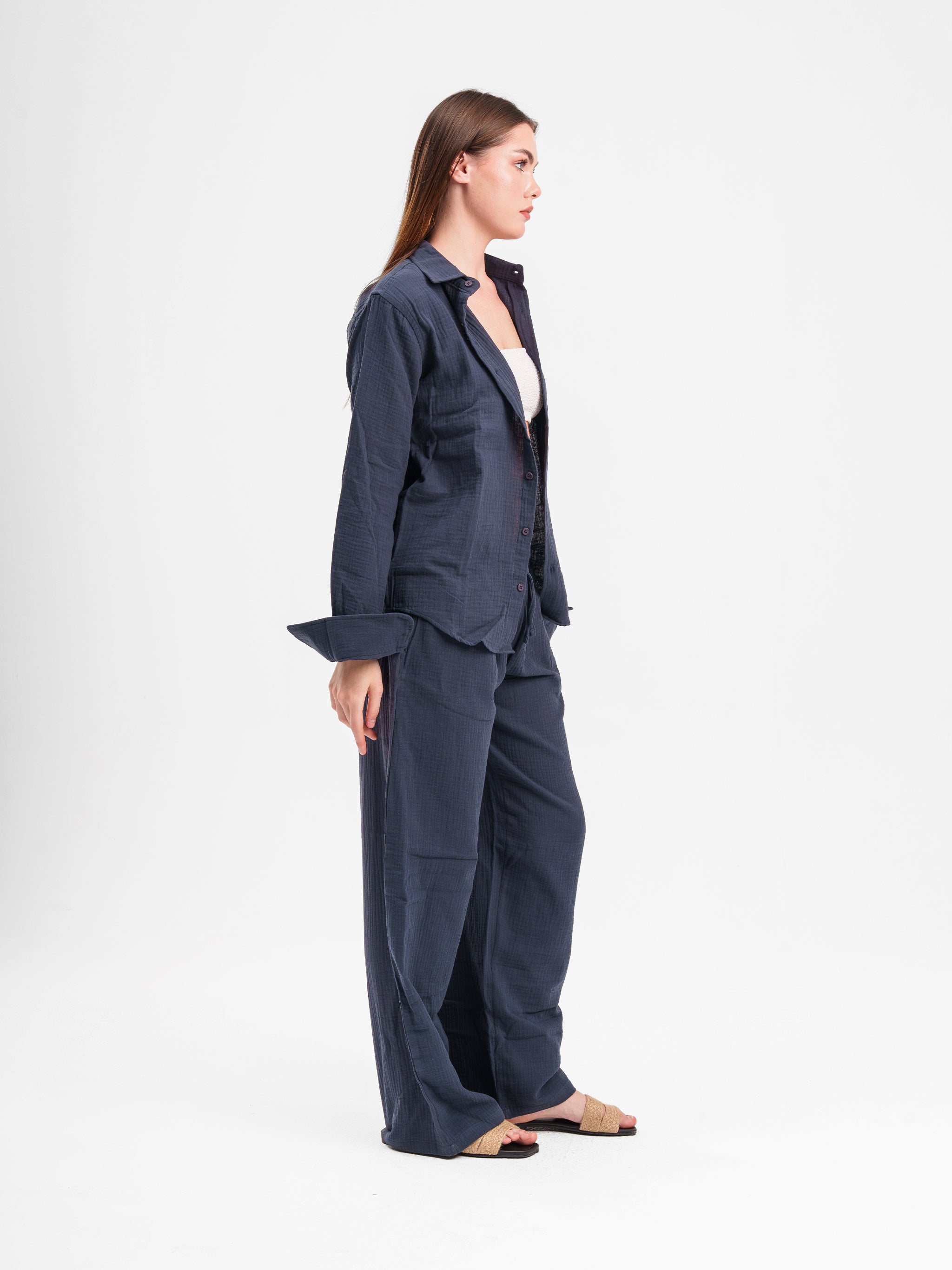 NAVY RIPPLED LINEN SHIRT