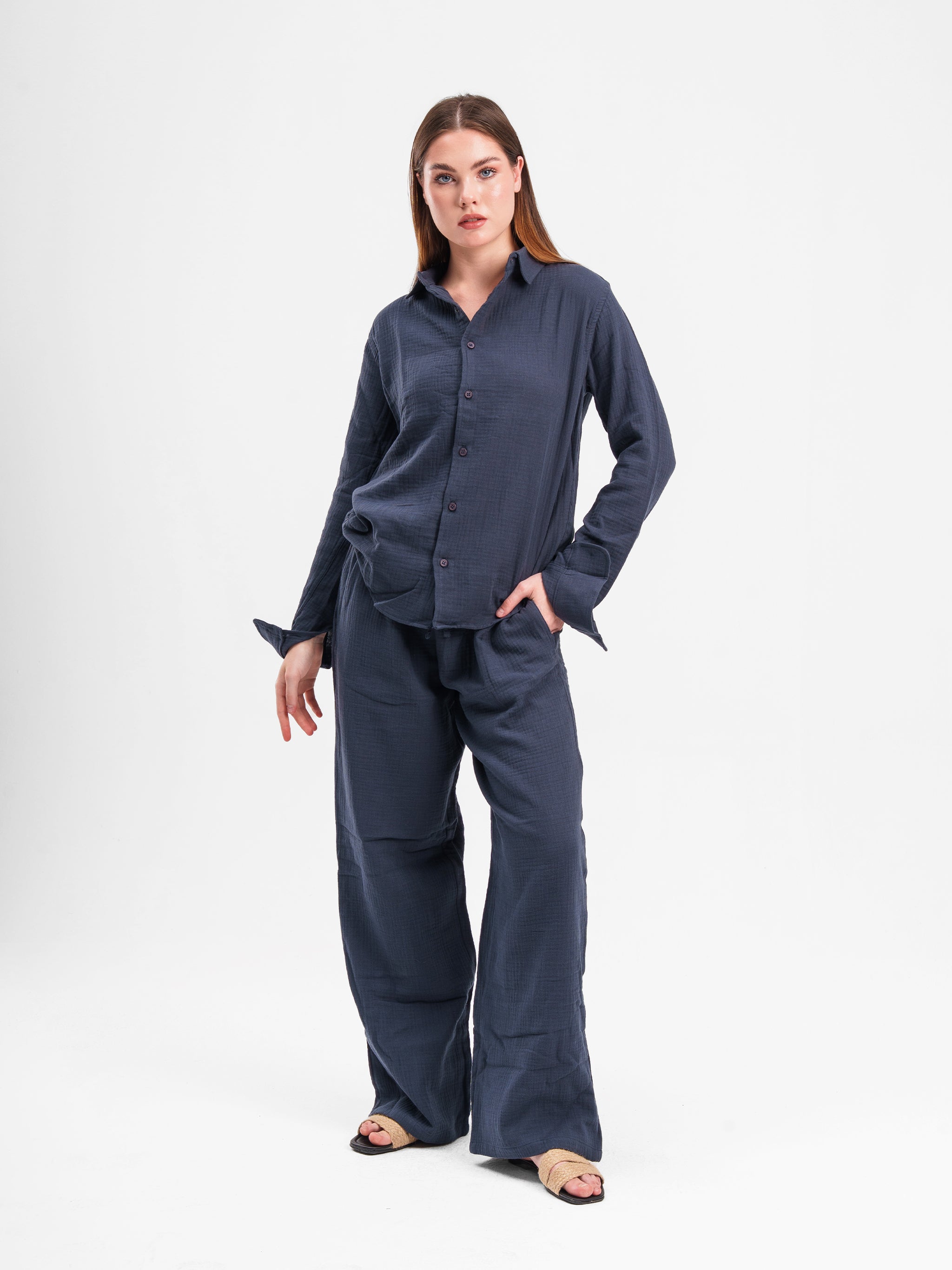 NAVY RIPPLED LINEN PANTS