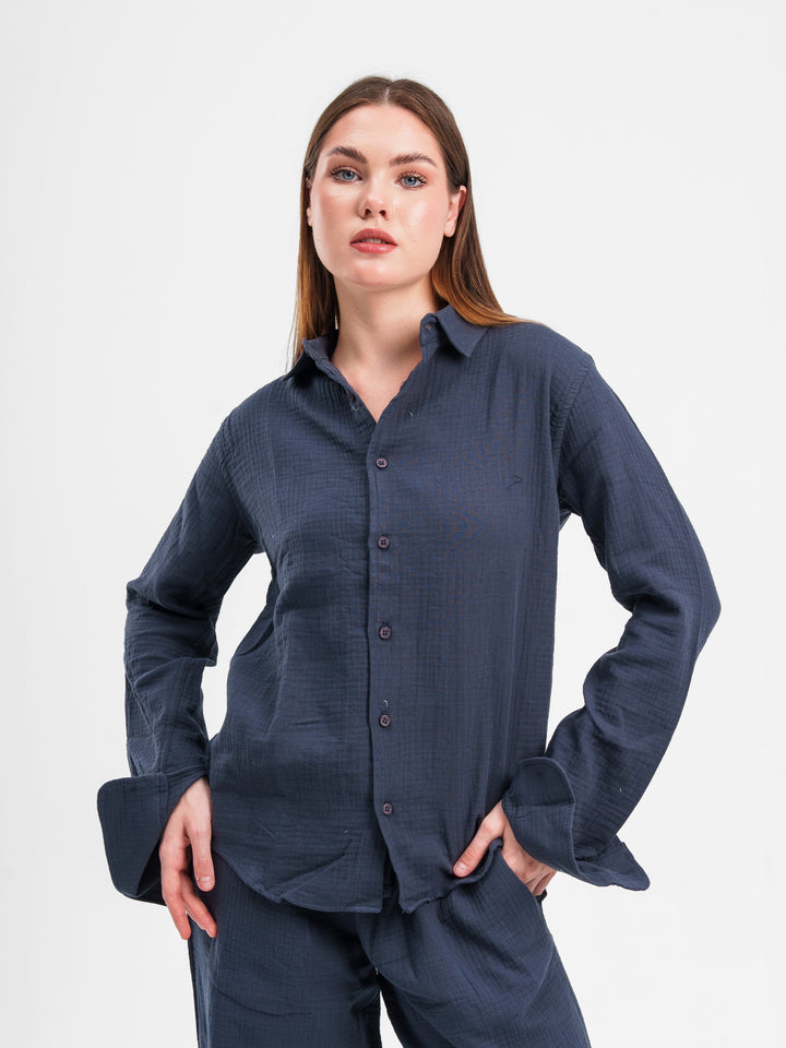 NAVY RIPPLED LINEN SHIRT