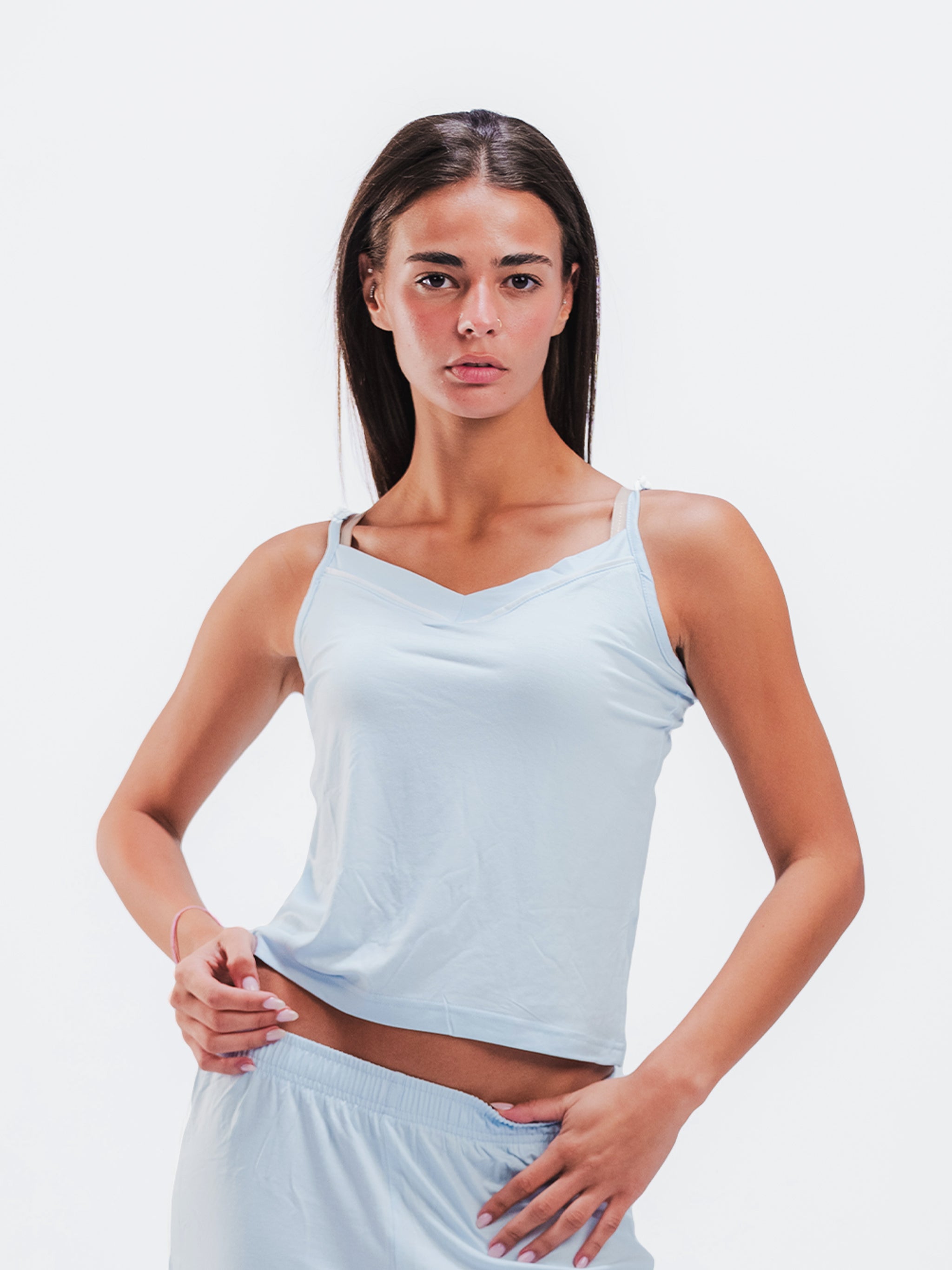 BABY BLUE PIPED SPAGHETTI SHORT SET