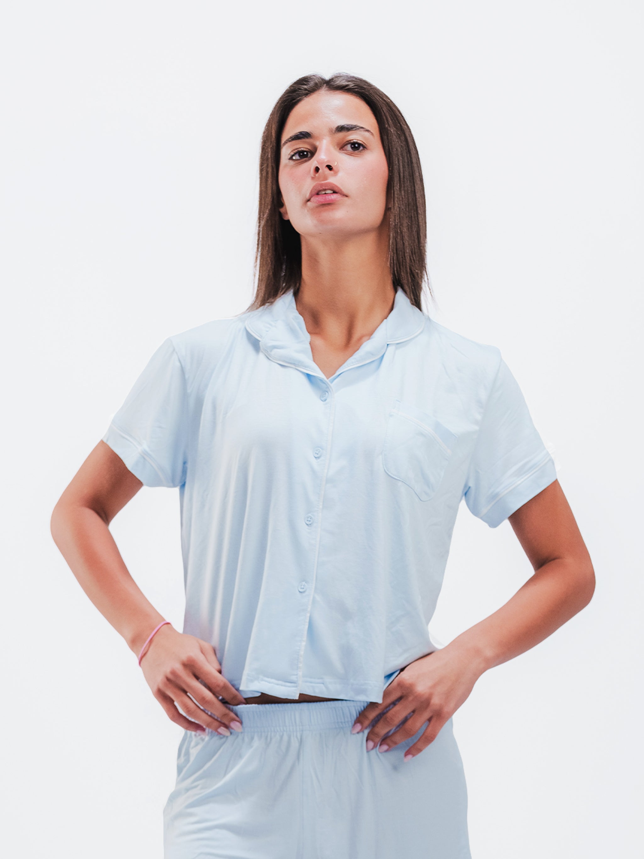 BABY BLUE PIPED SHORT SLEEVE & SHORT SET