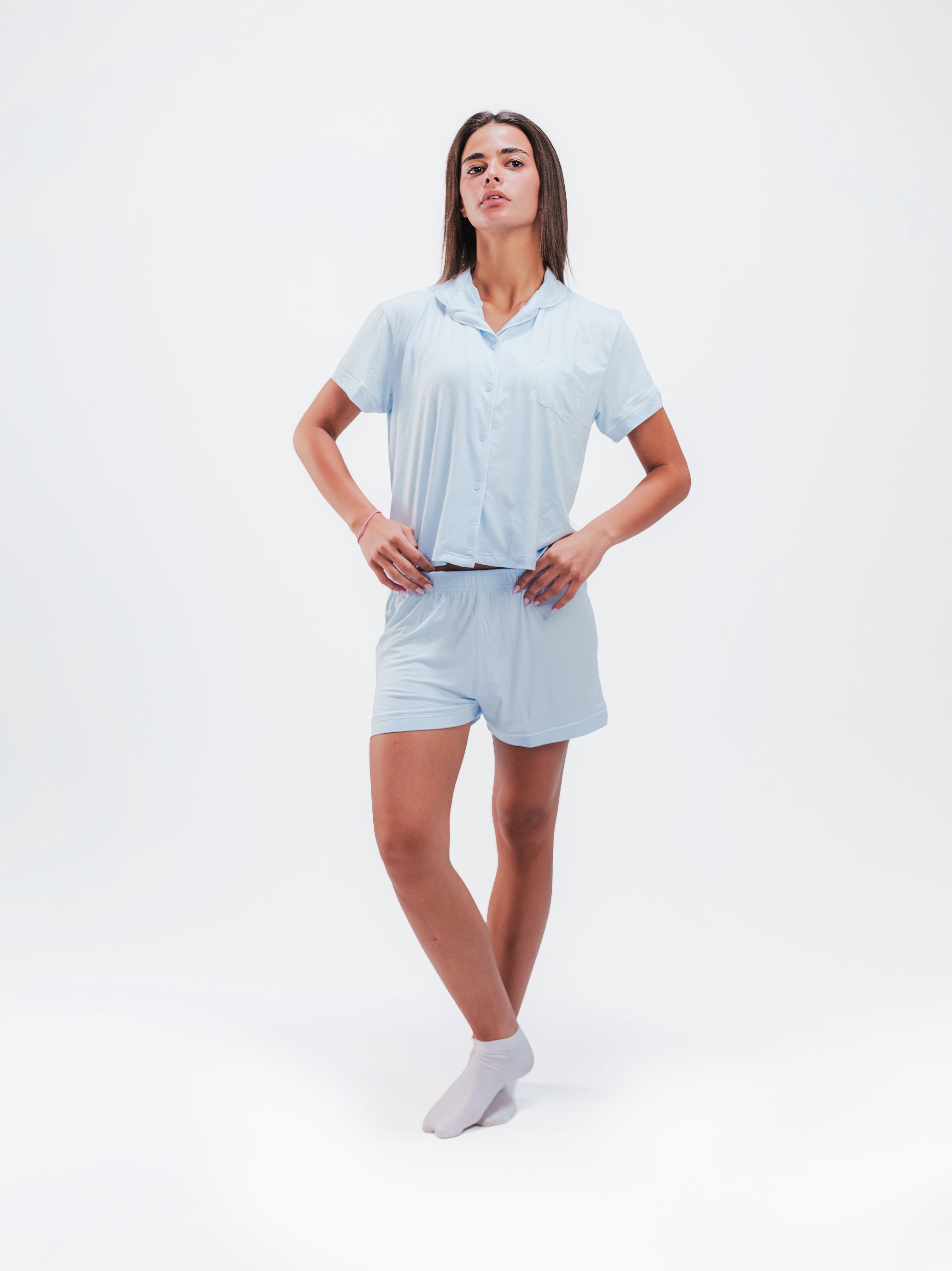 BABY BLUE PIPED SHORT SLEEVE & SHORT SET