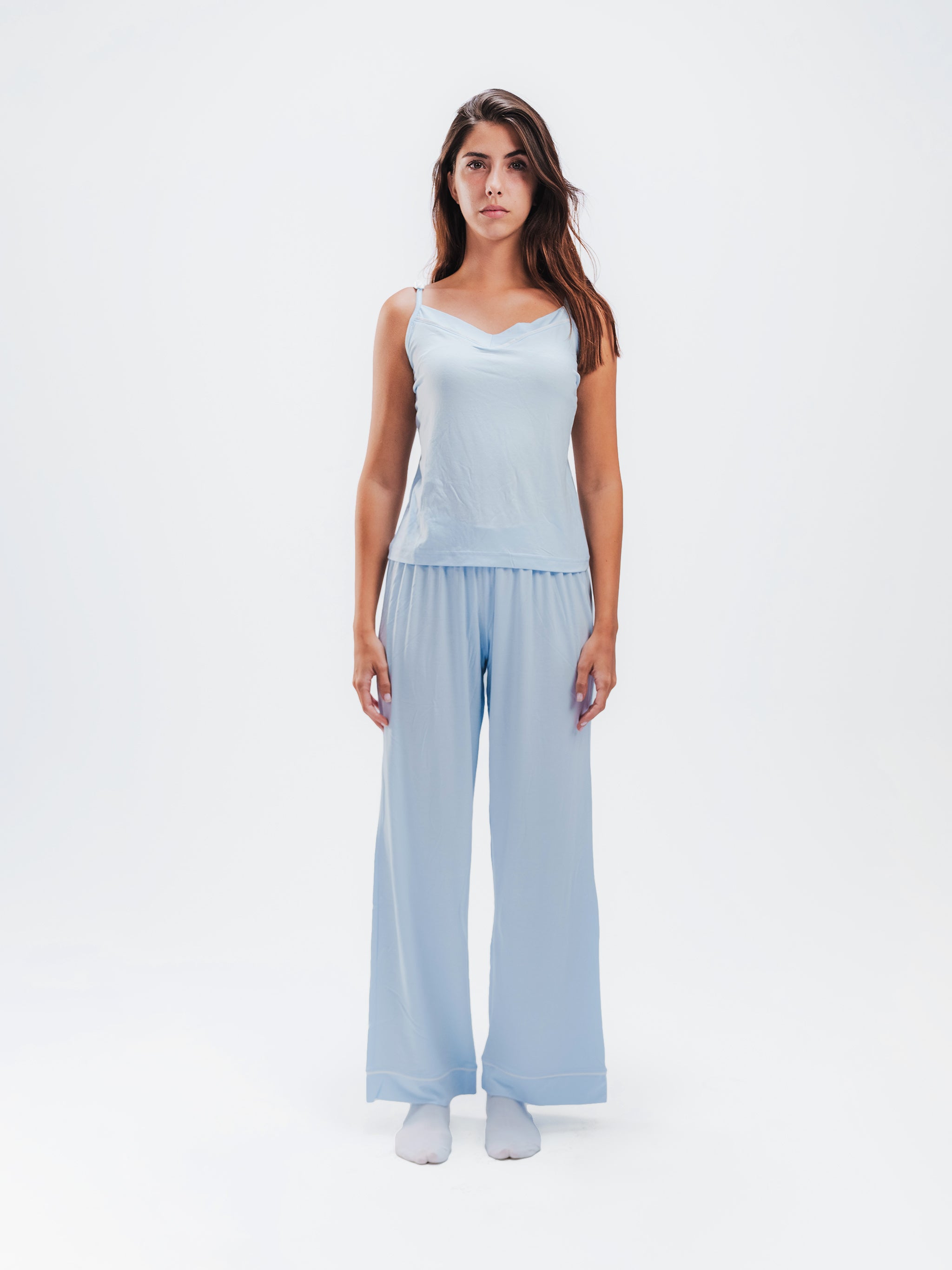 BABY BLUE PIPED SPAGHETTI PANTS SET