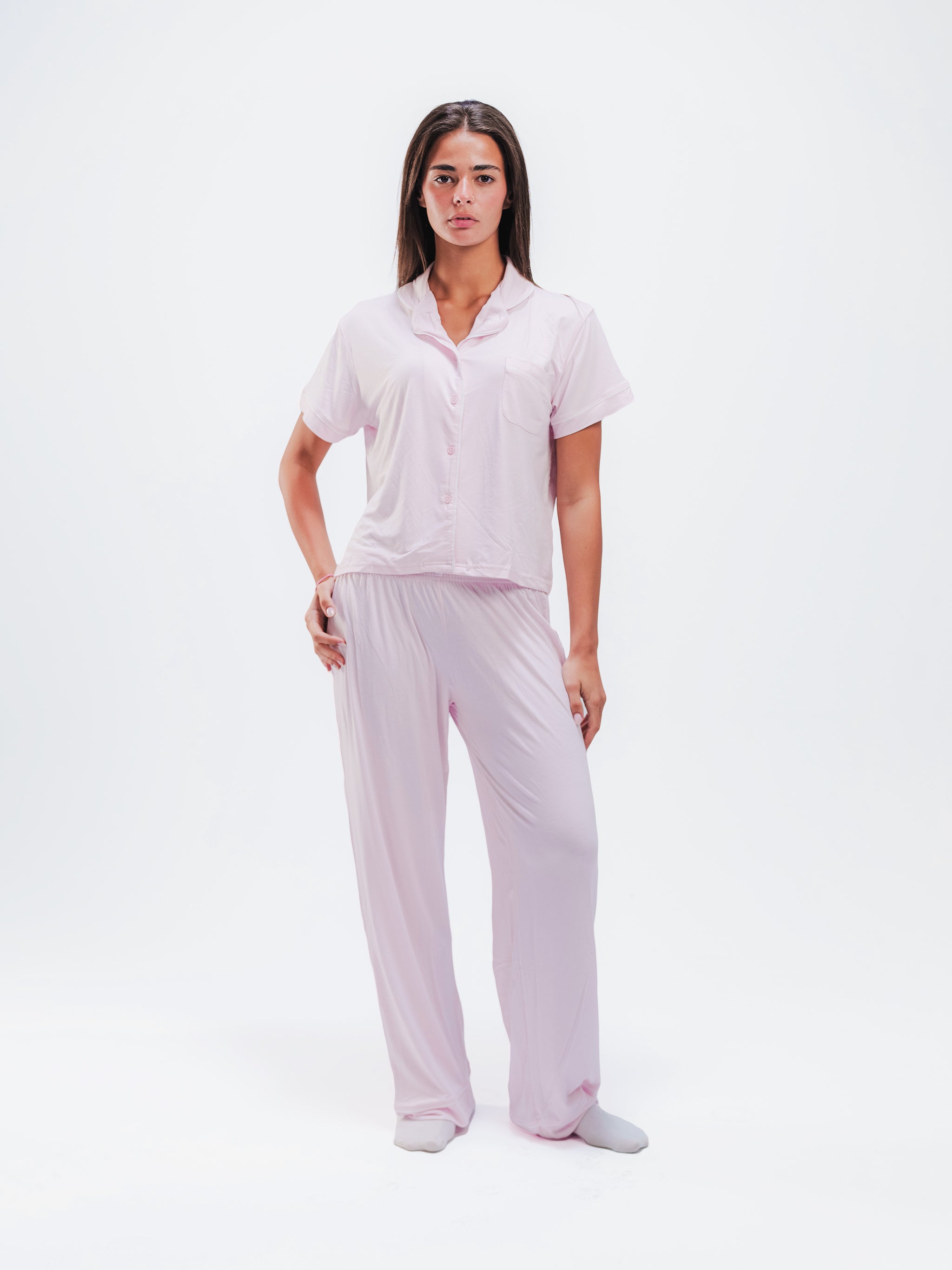 BABY PINK PIPED SHORT SLEEVE & PANTS SET