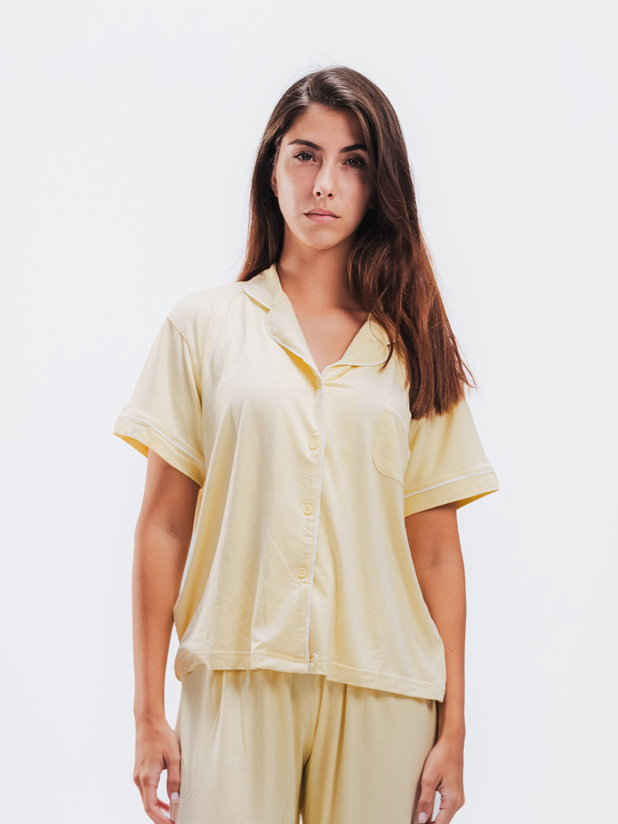 BUTTER YELLOW PIPED SHORT SLEEVE & PANTS SET