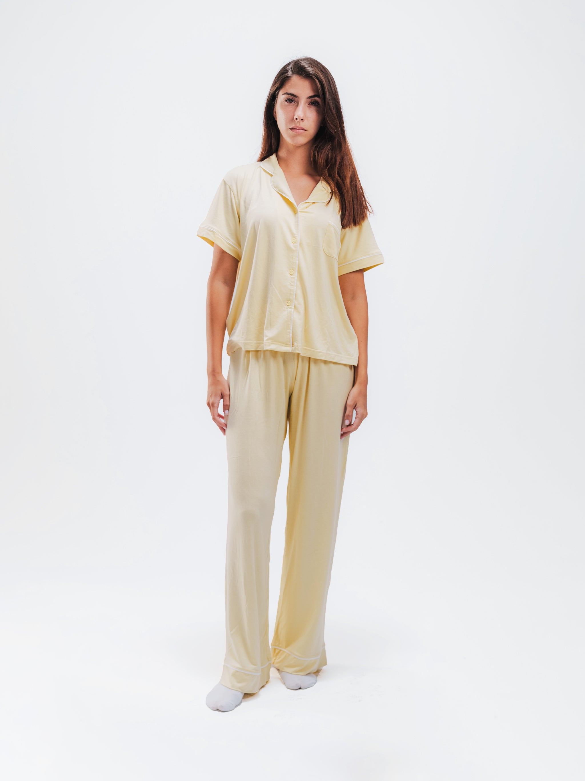 BUTTER YELLOW PIPED SHORT SLEEVE & PANTS SET
