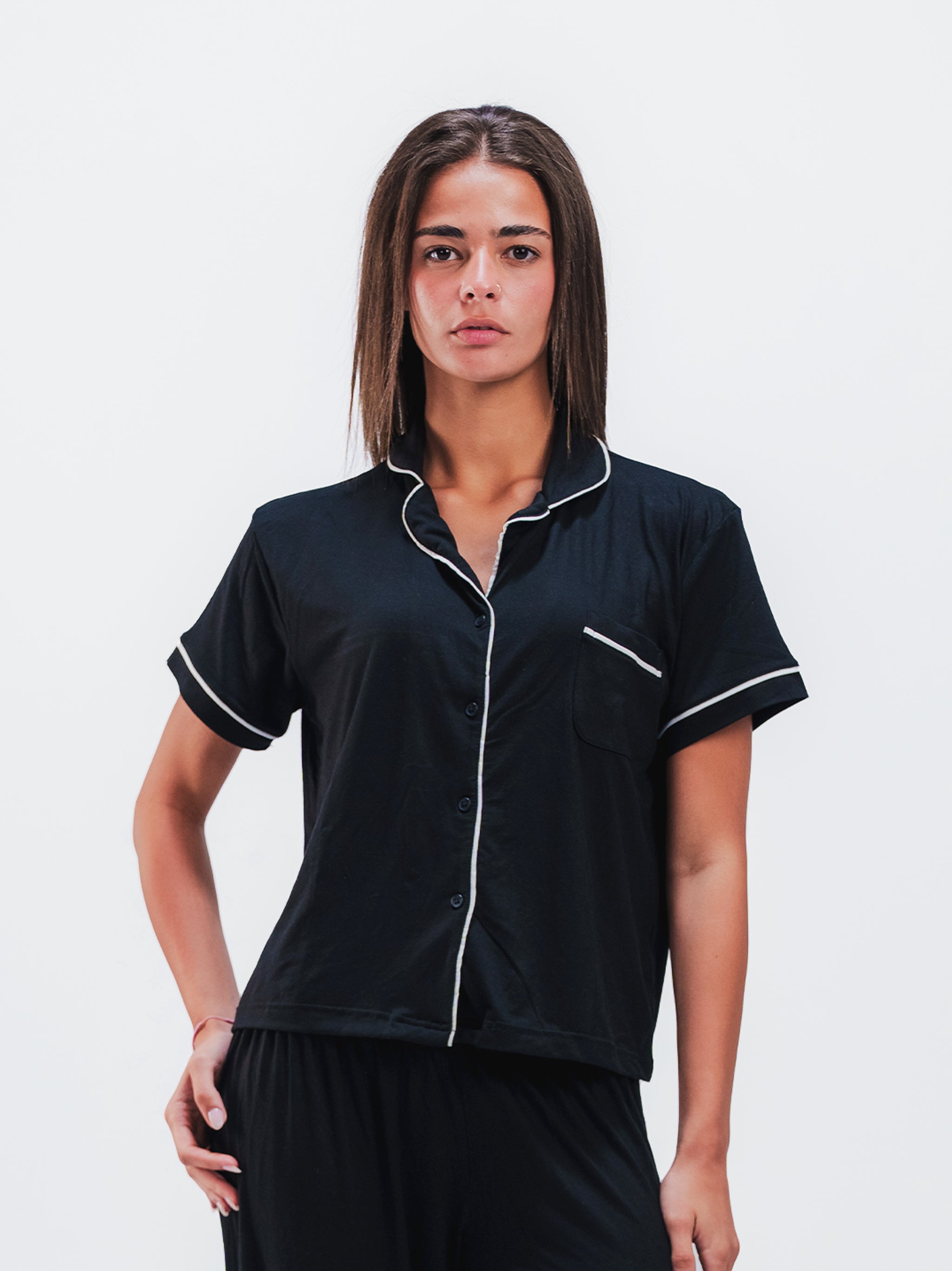 BLACK PIPED SHORT SLEEVE & PANTS SET