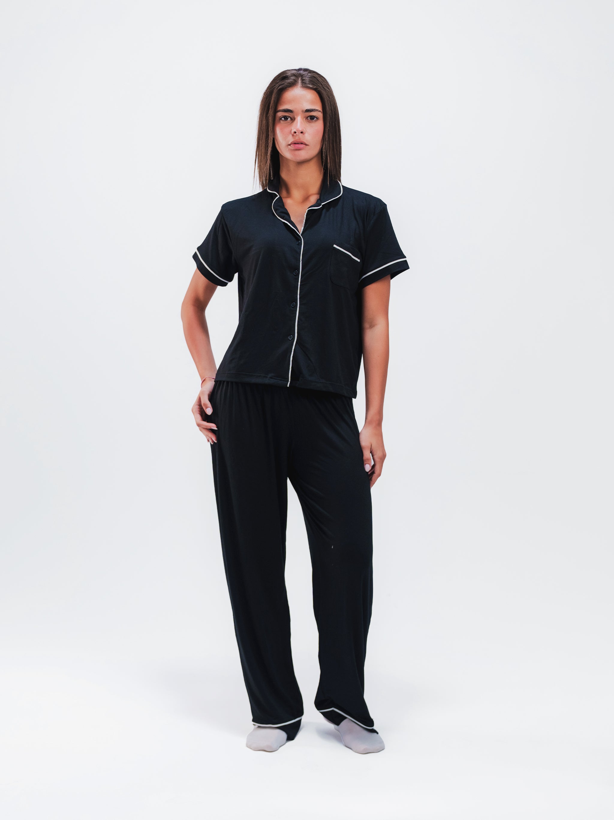 BLACK PIPED SHORT SLEEVE & PANTS SET